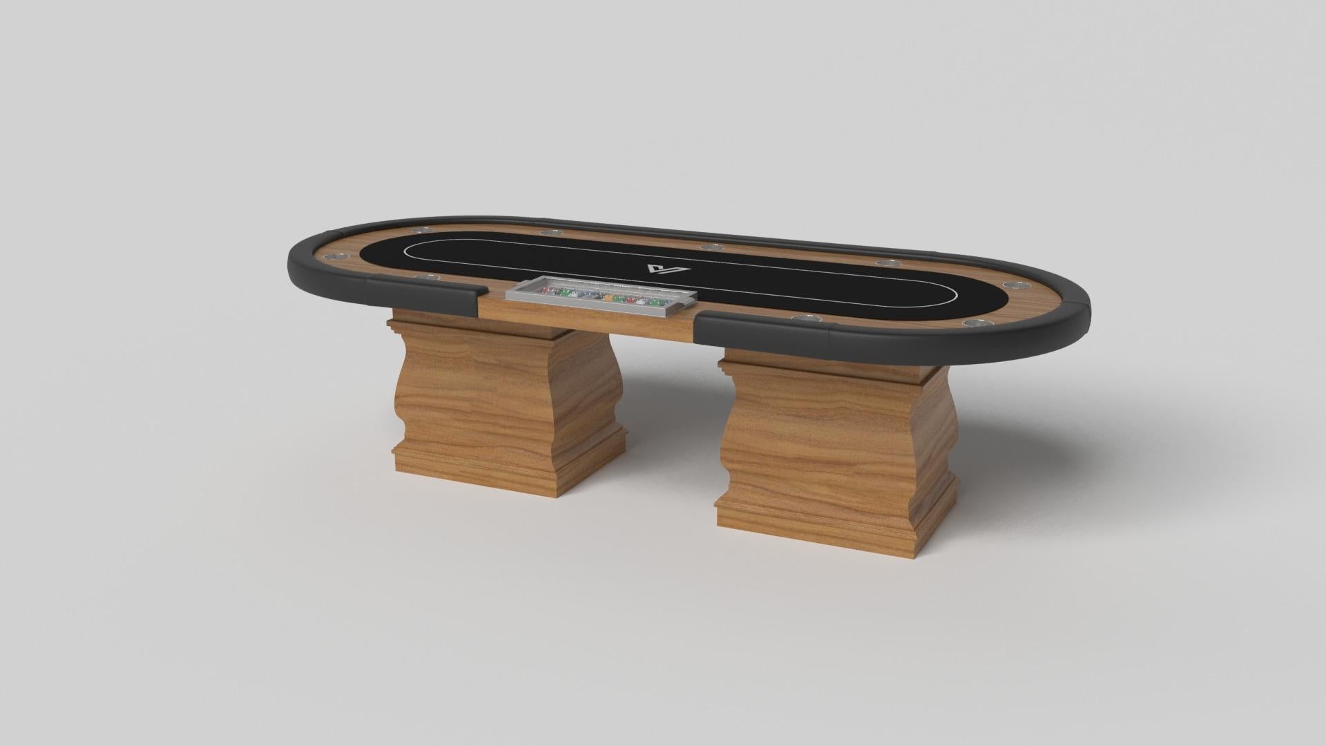 Dos patas esculpidas a mano confieren un sentido de estilo clásico a esta mesa de póquer artesanal en blanco. Esta lujosa mesa de juego de madera tiene un tablero rectangular liso sobre dos anchas patas de balaustre que imitan las curvas y líneas de