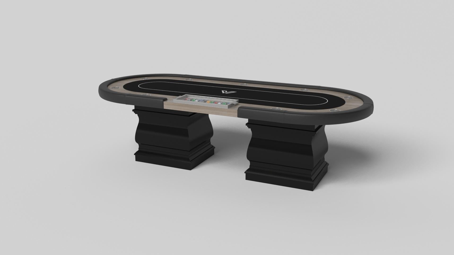 Two hand-sculpted legs bestow a sense of classic style upon this handcrafted poker table in white. This luxury wood game table features a smooth rectangular top perched upon two wide baluster column legs that mimic the curves and lines of crown