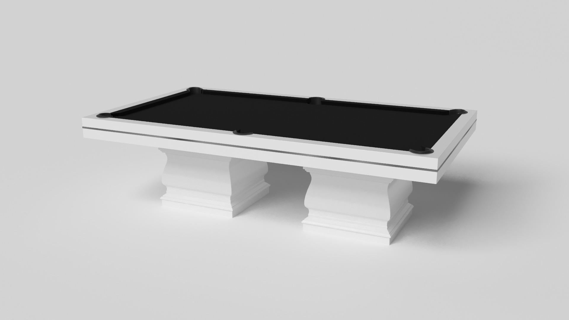 Two hand-sculpted legs bestow a sense of classic style upon this handcrafted pool table in white. This luxury wood game table features a smooth rectangular top perched upon two wide baluster column legs that mimic the curves and lines of crown
