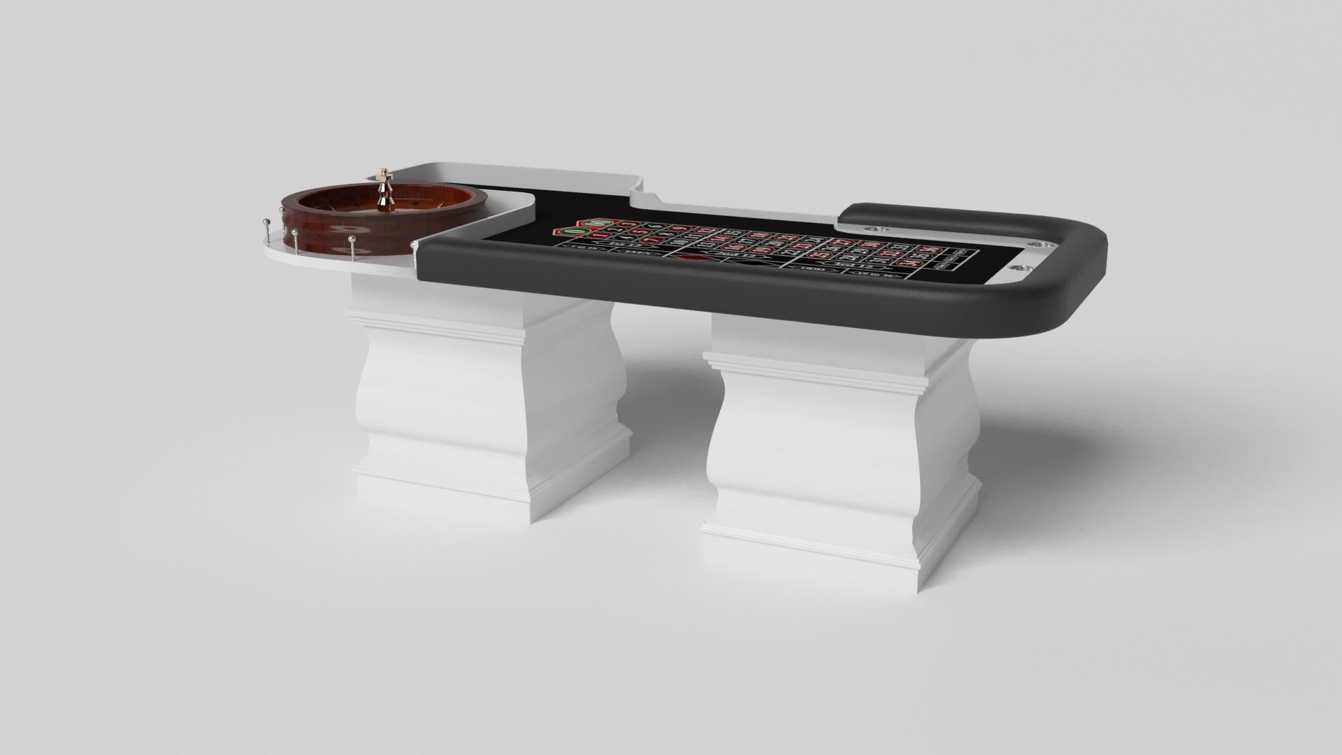 Two hand-sculpted legs bestow a sense of classic style upon the Baluster roulette table in white. This luxury game table features a casino-grade top with an American wheel perched upon two wide baluster column legs that mimic the curves and lines of