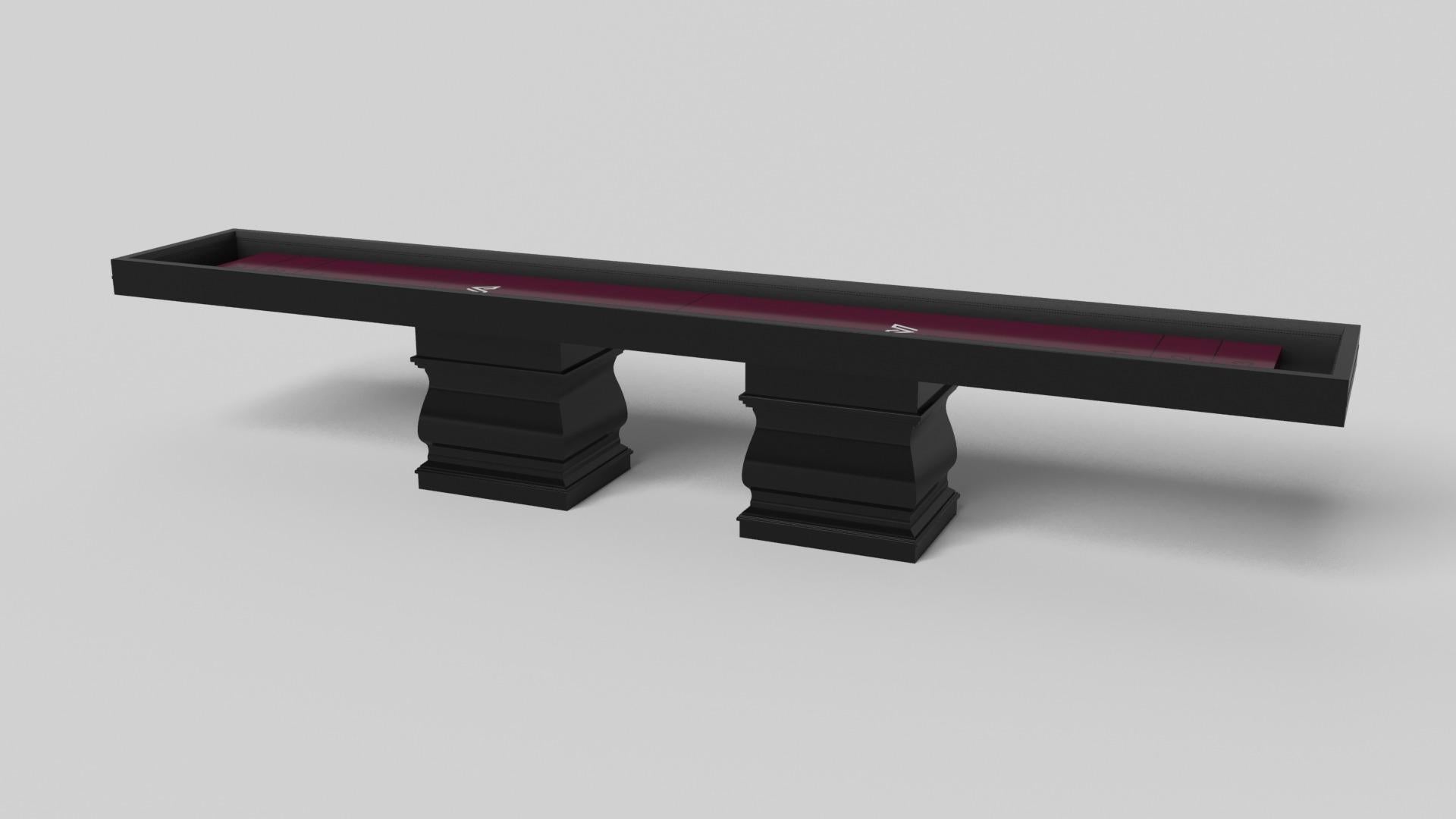 Two hand-sculpted legs bestow a sense of classic style upon this handcrafted shuffleboard table in white. This luxury wood game table features a smooth rectangular top perched upon two wide baluster column legs that mimic the curves and lines of