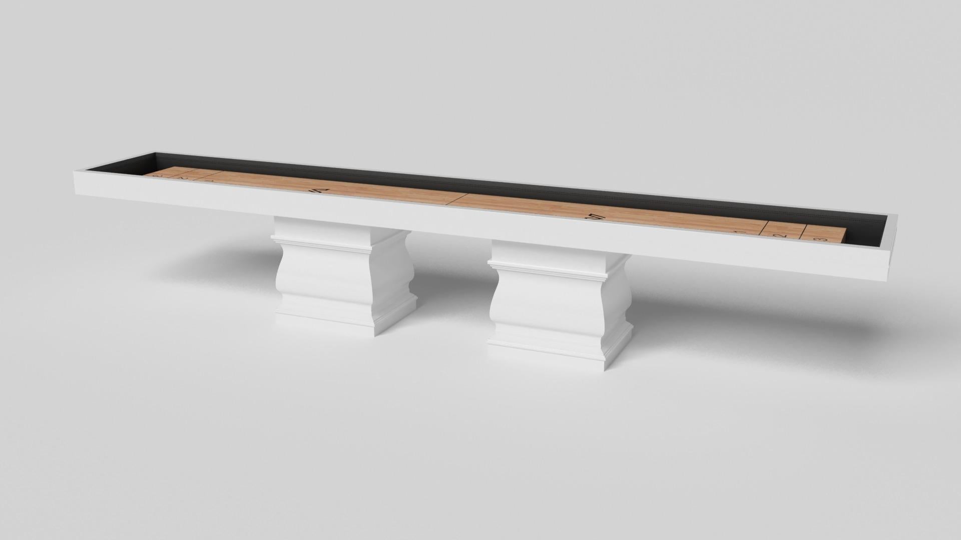 Two hand-sculpted legs bestow a sense of classic style upon this handcrafted shuffleboard table in white. This luxury wood game table features a smooth rectangular top perched upon two wide baluster column legs that mimic the curves and lines of