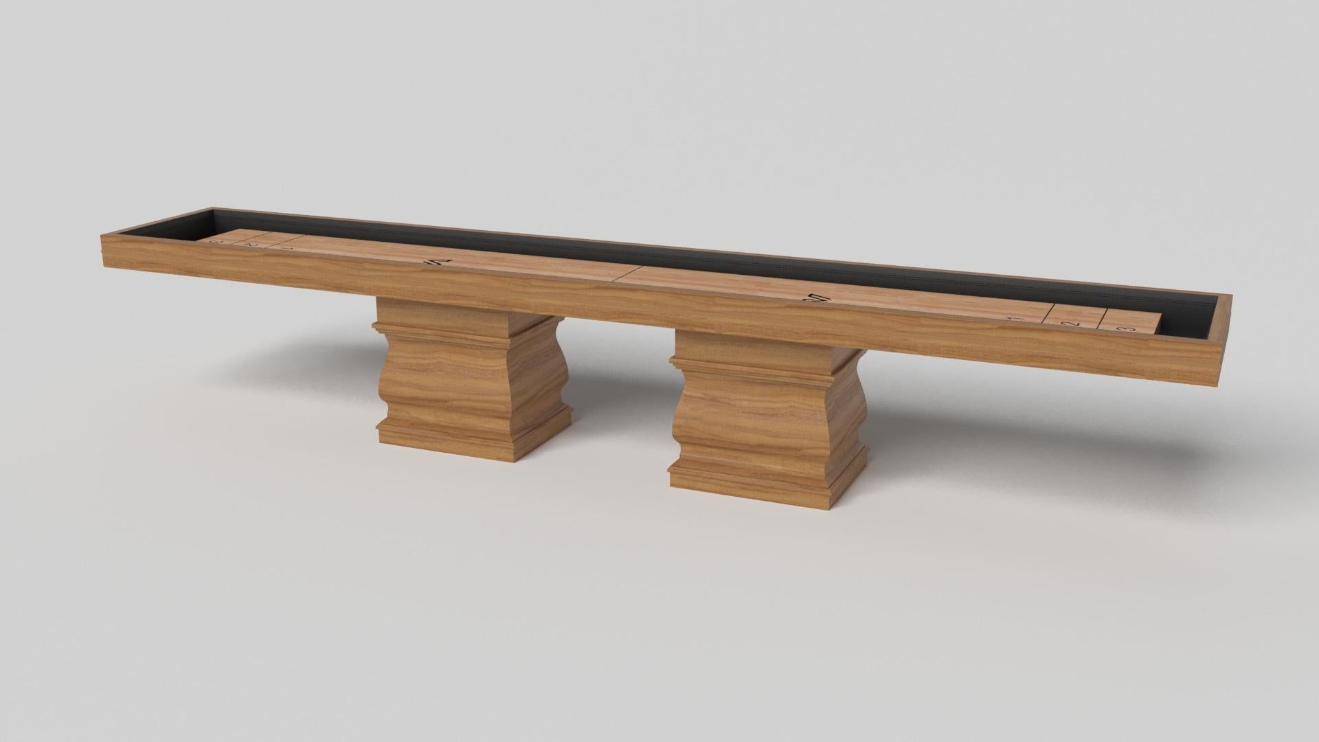 Two hand-sculpted legs bestow a sense of classic style upon this handcrafted shuffleboard table in white. This luxury wood game table features a smooth rectangular top perched upon two wide baluster column legs that mimic the curves and lines of