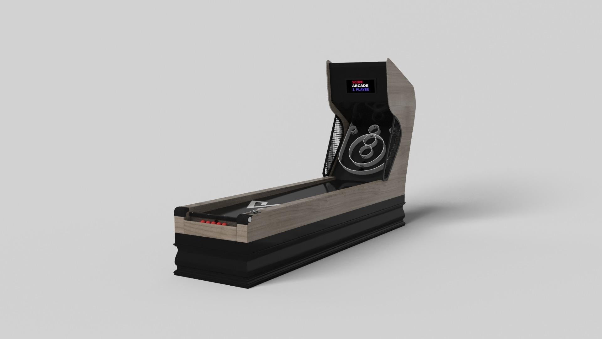 Dos patas esculpidas a mano confieren un sentido de estilo clásico a este juego de skeeball hecho a mano. Este lujoso juego de madera presenta dos anchas patas de columna balaustres que imitan las curvas y líneas de las molduras de corona. Es una