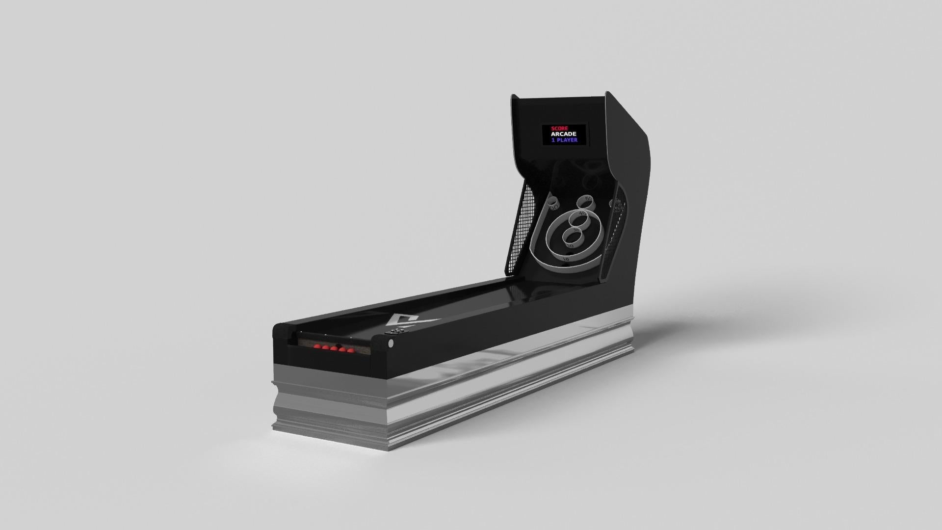 Deux pieds sculptés à la main confèrent un style classique à ce jeu de skeeball fabriqué à la main. Ce jeu en bois luxueux comporte deux larges pieds en forme de colonne balustre qui imitent les courbes et les lignes d'une moulure en couronne. Il