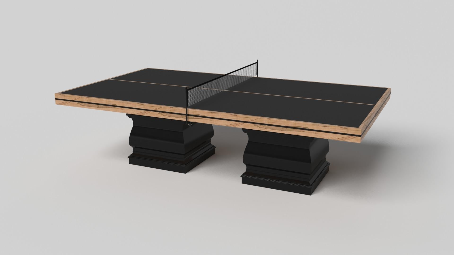 Two hand-sculpted legs bestow a sense of classic style upon this handcrafted table tennis table in white. This luxury wood game table features a smooth rectangular top perched upon two wide baluster column legs that mimic the curves and lines of