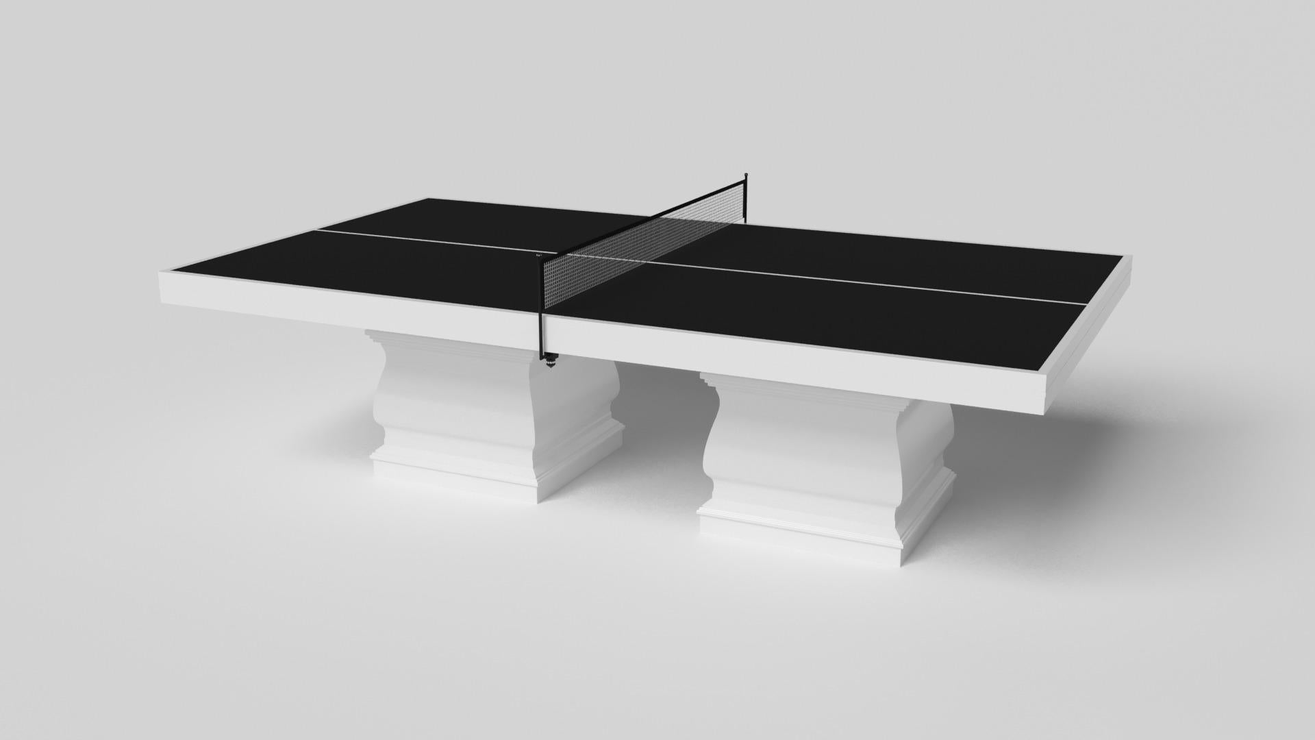 Two hand-sculpted legs bestow a sense of classic style upon this handcrafted table tennis table in white. This luxury wood game table features a smooth rectangular top perched upon two wide baluster column legs that mimic the curves and lines of