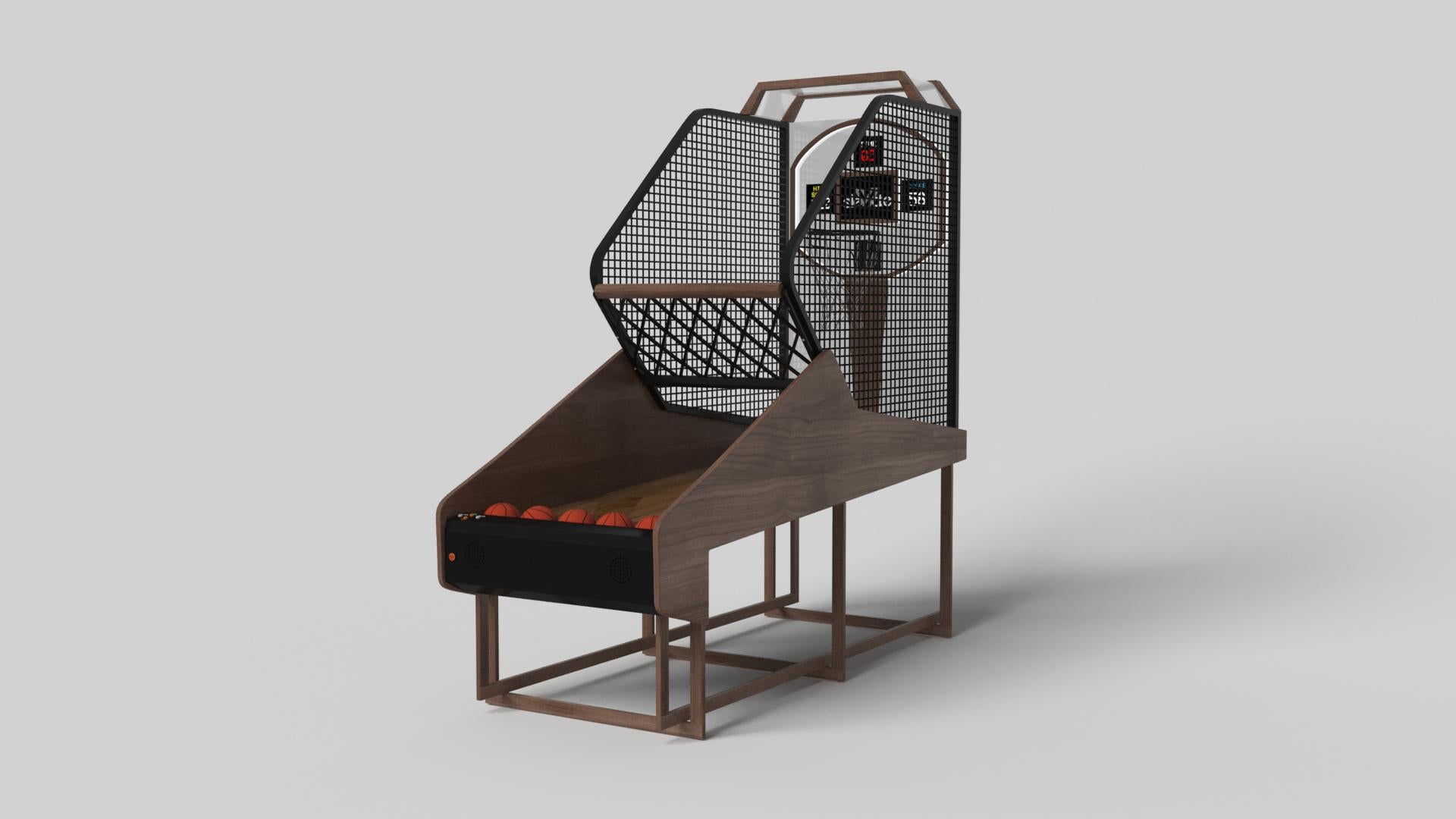 Mit einem offenen Metallfundament ist unser Beso-Skeeballspiel ein einzigartiger Ausdruck zeitgenössischer Formen und negativer Räume. Dieses Skeeball-Spiel wird von unseren Meisterhandwerkern in Handarbeit hergestellt und hat eine rechteckige