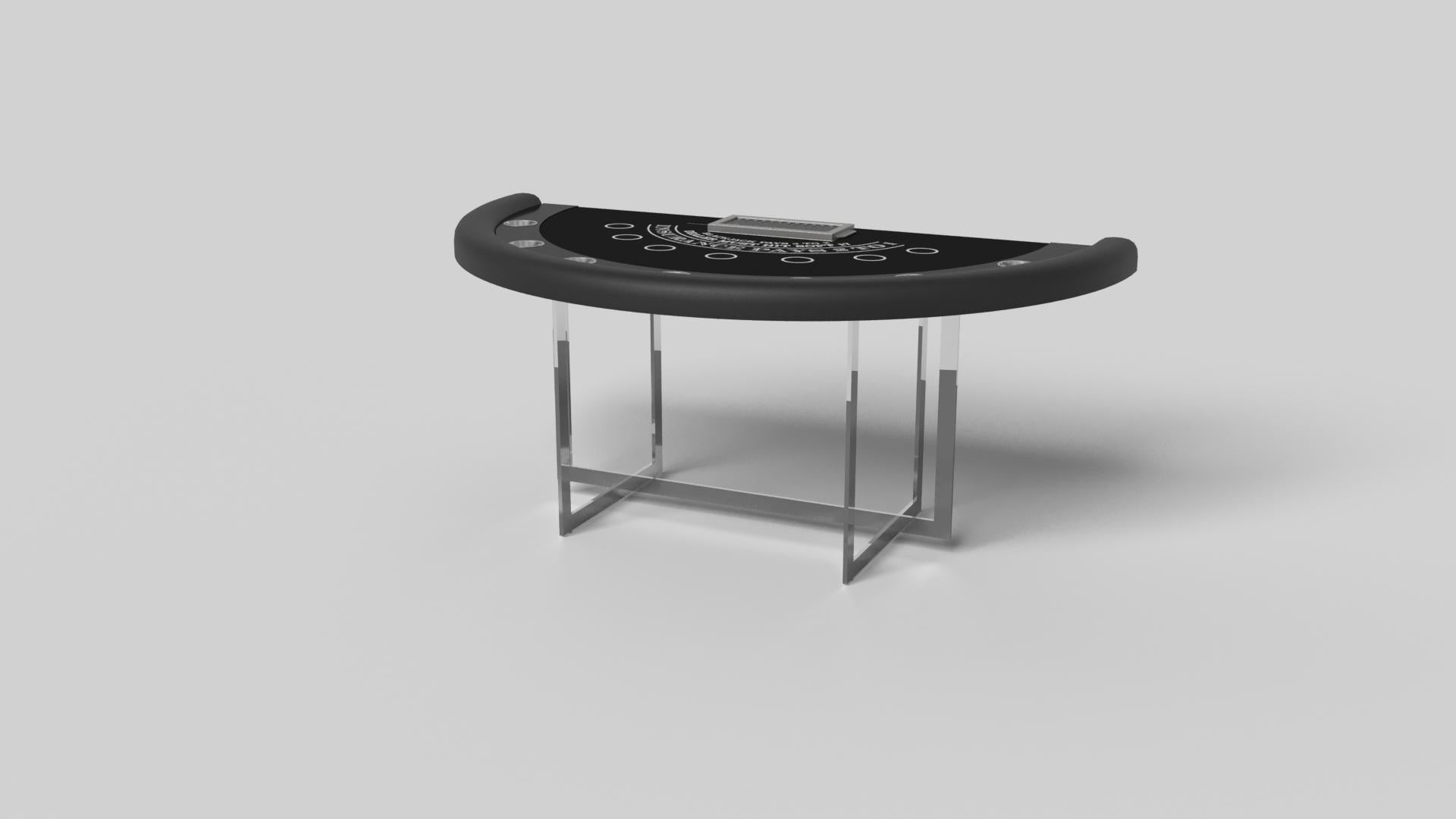 Con una base metálica abierta, nuestra mesa Beso es una expresión única de formas contemporáneas y espacio negativo. Esta mesa de blackjack ha sido fabricada a mano por nuestros maestros artesanos con una base rectangular que reproduce los ángulos y