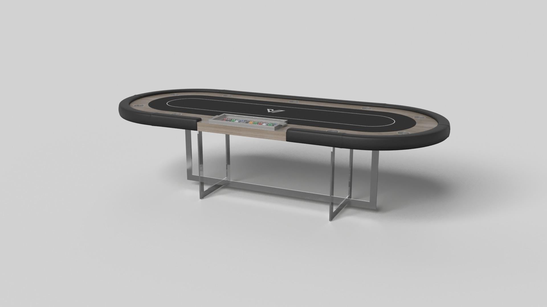 Con una base metálica abierta, nuestra mesa Beso es una expresión única de formas contemporáneas y espacio negativo. Esta mesa de póquer está fabricada a mano por nuestros maestros artesanos con una base rectangular que reproduce los ángulos y