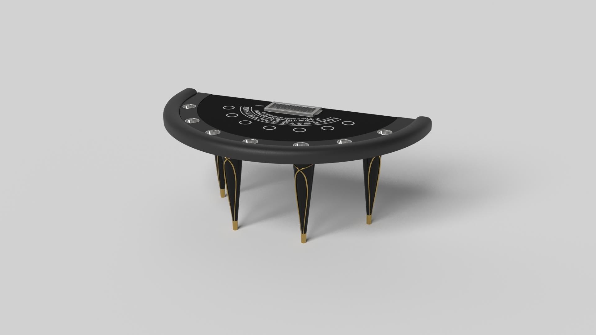 Champagne gold accents add undeniable elegance to this luxury blackjack table. Offering superior playability and uncompromised style, this design features hand carved details, decorative metal elements, and metal sabots at the bottom of each leg.