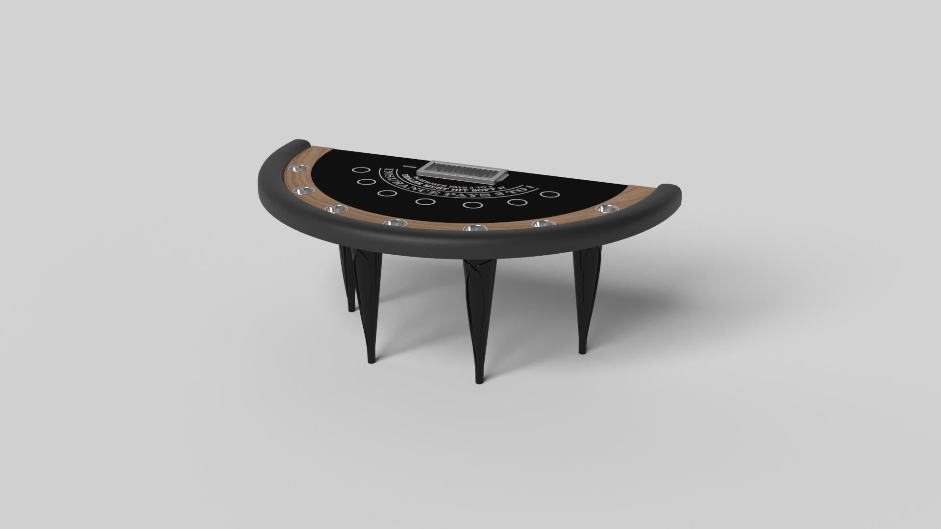 Champagne gold accents add undeniable elegance to this luxury blackjack table. Offering superior playability and uncompromised style, this design features hand carved details, decorative metal elements, and metal sabots at the bottom of each leg.