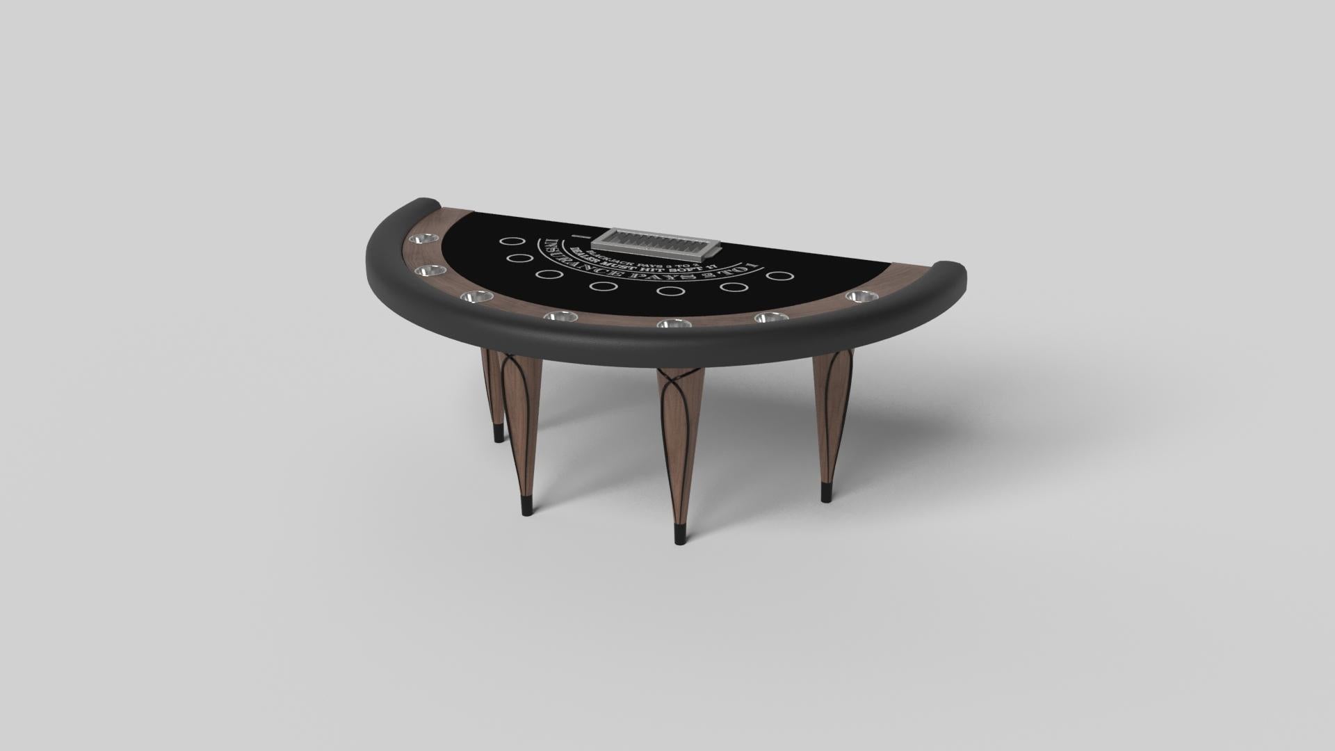 Les accents en or champagne ajoutent une élégance indéniable à cette table de blackjack de luxe. Offrant une jouabilité supérieure et un style sans compromis, ce design présente des détails sculptés à la main, des éléments métalliques décoratifs et