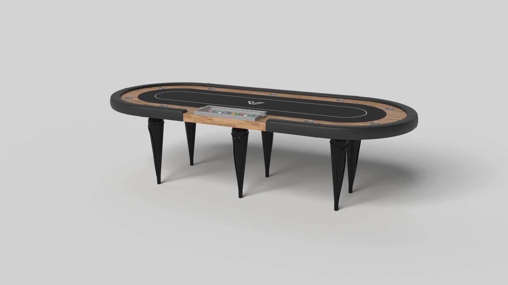 Les accents en or champagne ajoutent une élégance indéniable à cette table de poker de luxe. Offrant une jouabilité supérieure et un style sans compromis, ce design présente des détails sculptés à la main, des éléments métalliques décoratifs et des