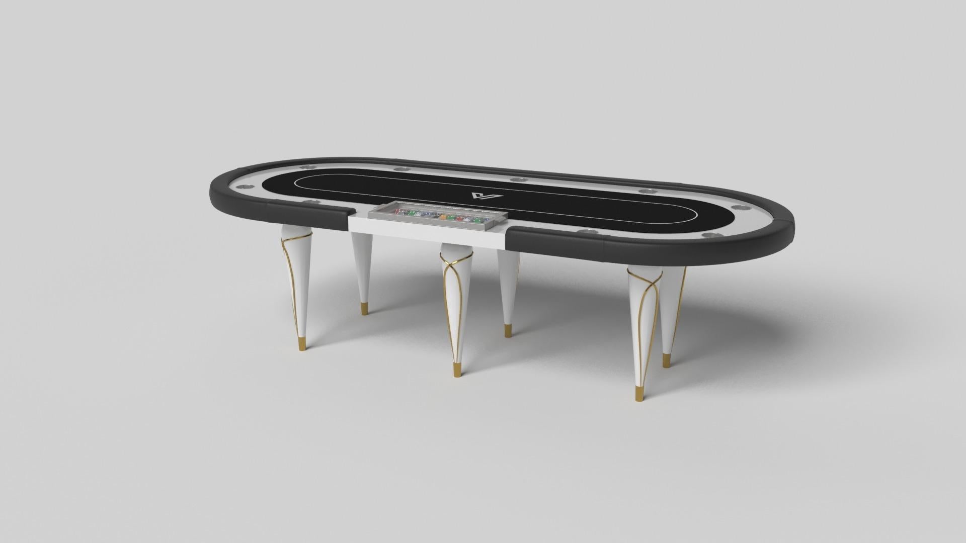 Champagne gold accents add undeniable elegance to this luxury poker table. Offering superior playability and uncompromised style, this design features hand carved details, decorative metal elements, and metal sabots at the bottom of each leg. The