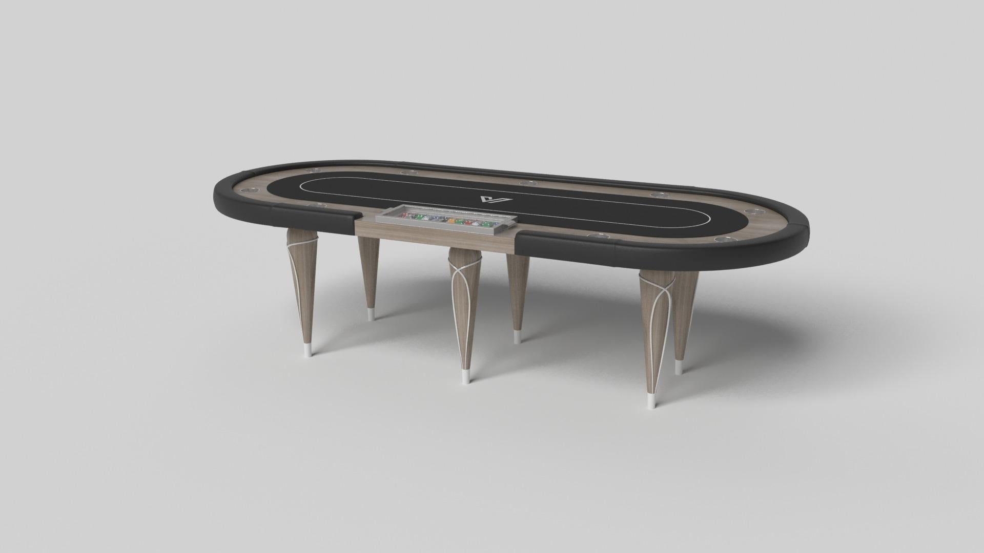 Champagne gold accents add undeniable elegance to this luxury poker table. Offering superior playability and uncompromised style, this design features hand carved details, decorative metal elements, and metal sabots at the bottom of each leg. The