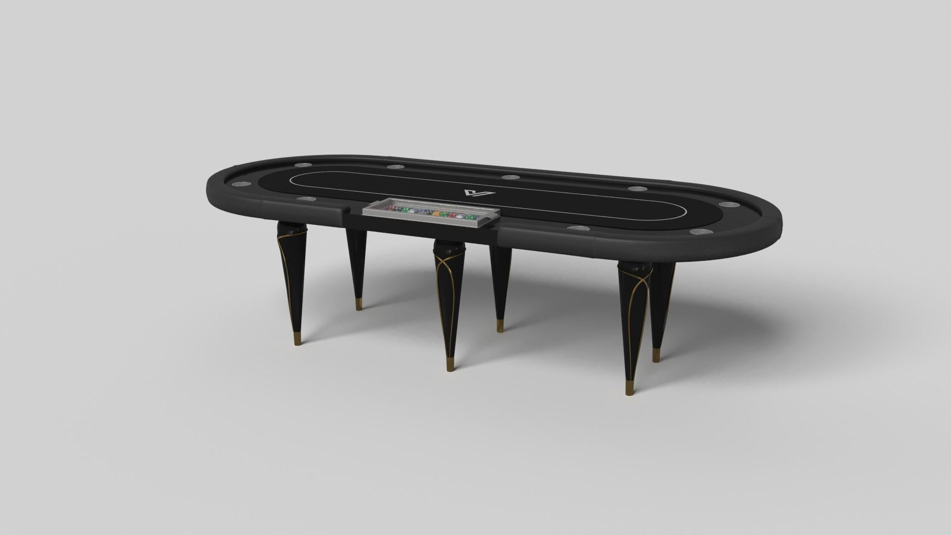 Champagne gold accents add undeniable elegance to this luxury poker table. Offering superior playability and uncompromised style, this design features hand carved details, decorative metal elements, and metal sabots at the bottom of each leg. The