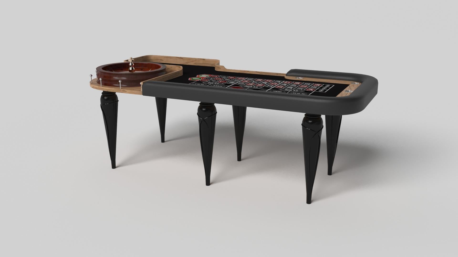 Les accents en or champagne ajoutent une élégance indéniable à cette table de roulette de luxe. Offrant une jouabilité supérieure et un style sans compromis, ce design présente des détails sculptés à la main, des éléments métalliques décoratifs et