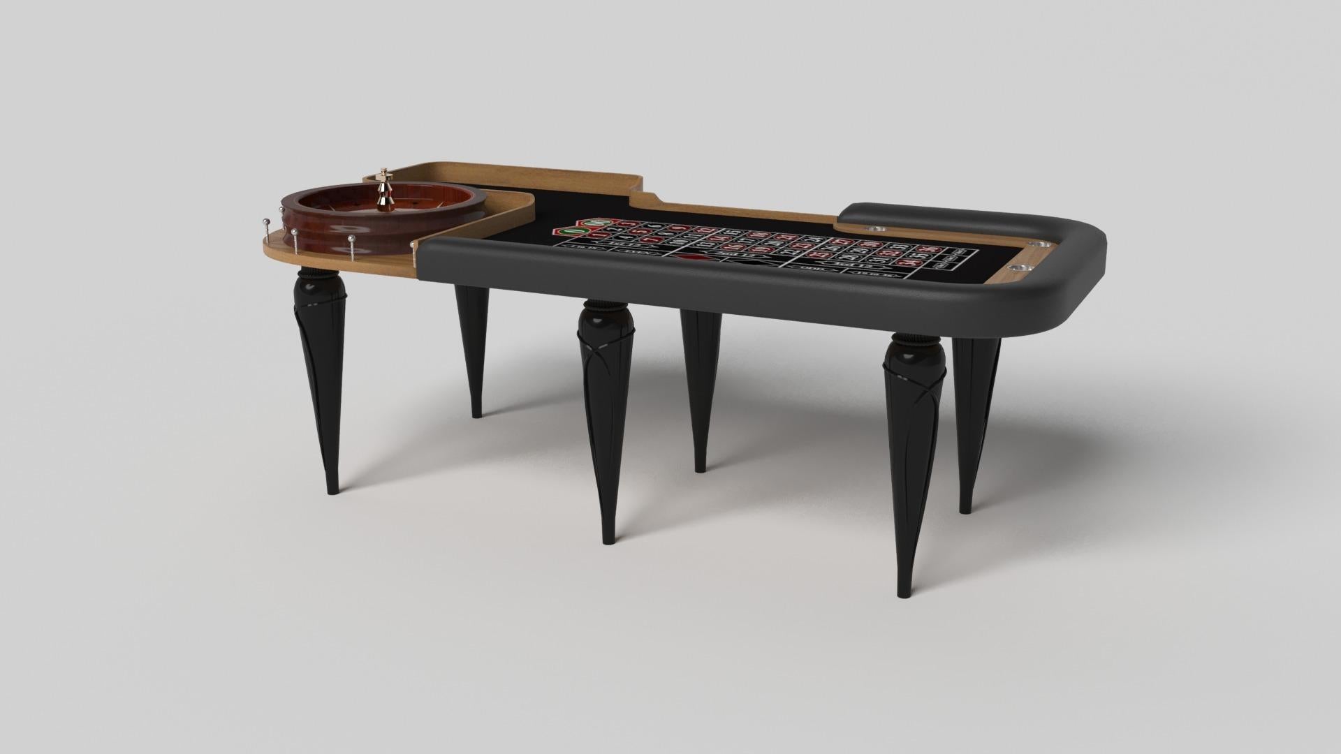 Les accents en or champagne ajoutent une élégance indéniable à cette table de roulette de luxe. Offrant une jouabilité supérieure et un style sans compromis, ce design présente des détails sculptés à la main, des éléments métalliques décoratifs et