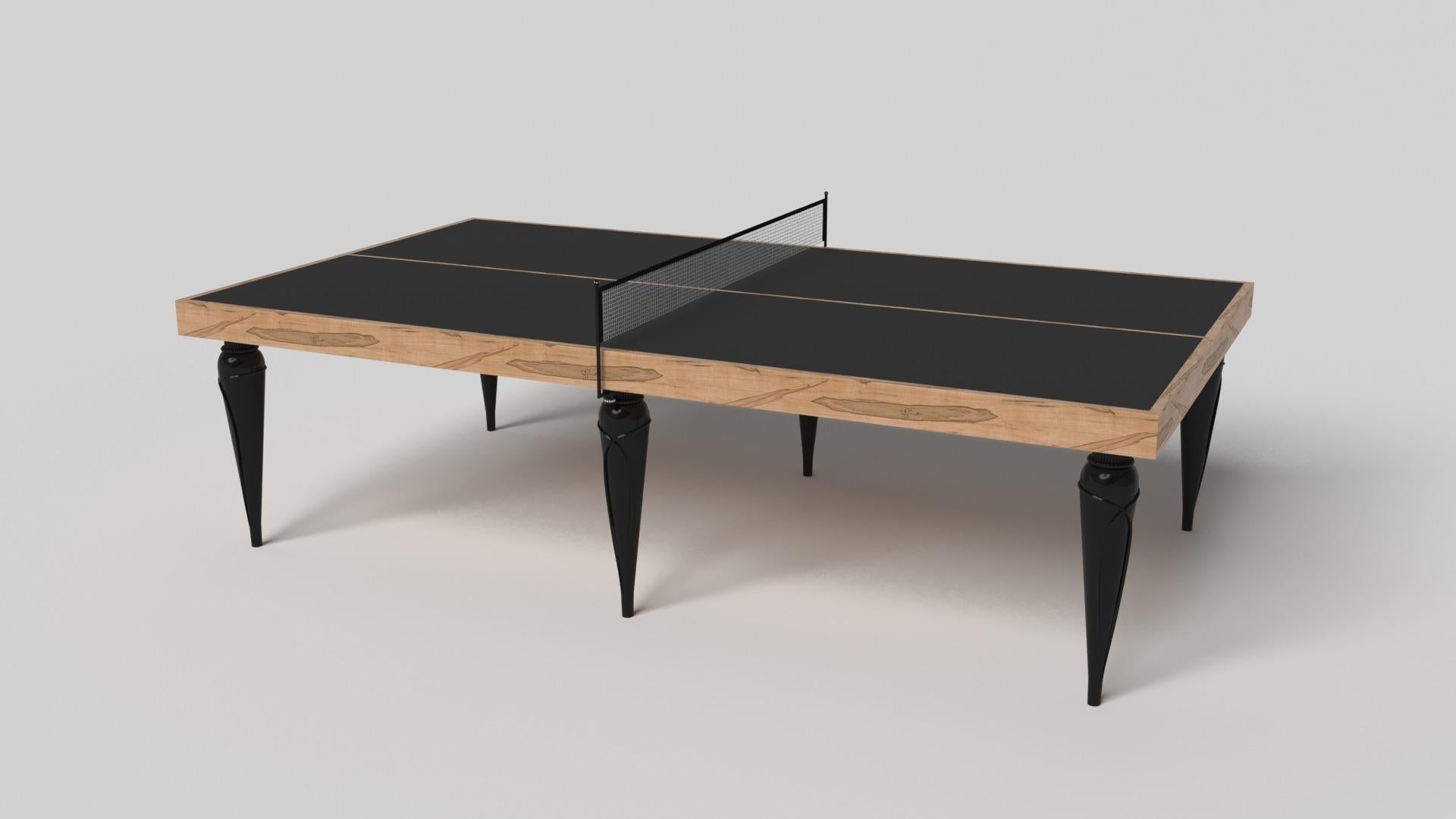 Champagne gold accents add undeniable elegance to this luxury table tennis table. Offering superior playability and uncompromised style, this design features hand carved details, decorative metal elements, and metal sabots at the bottom of each leg.