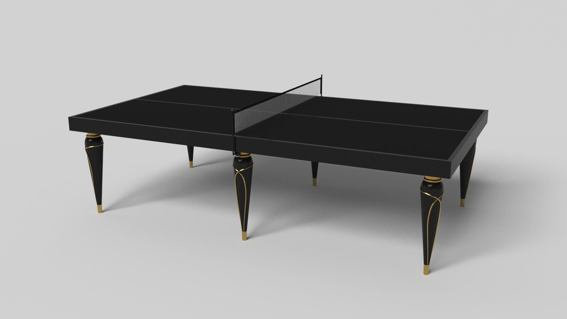 Champagne gold accents add undeniable elegance to this luxury table tennis table. Offering superior playability and uncompromised style, this design features hand carved details, decorative metal elements, and metal sabots at the bottom of each leg.