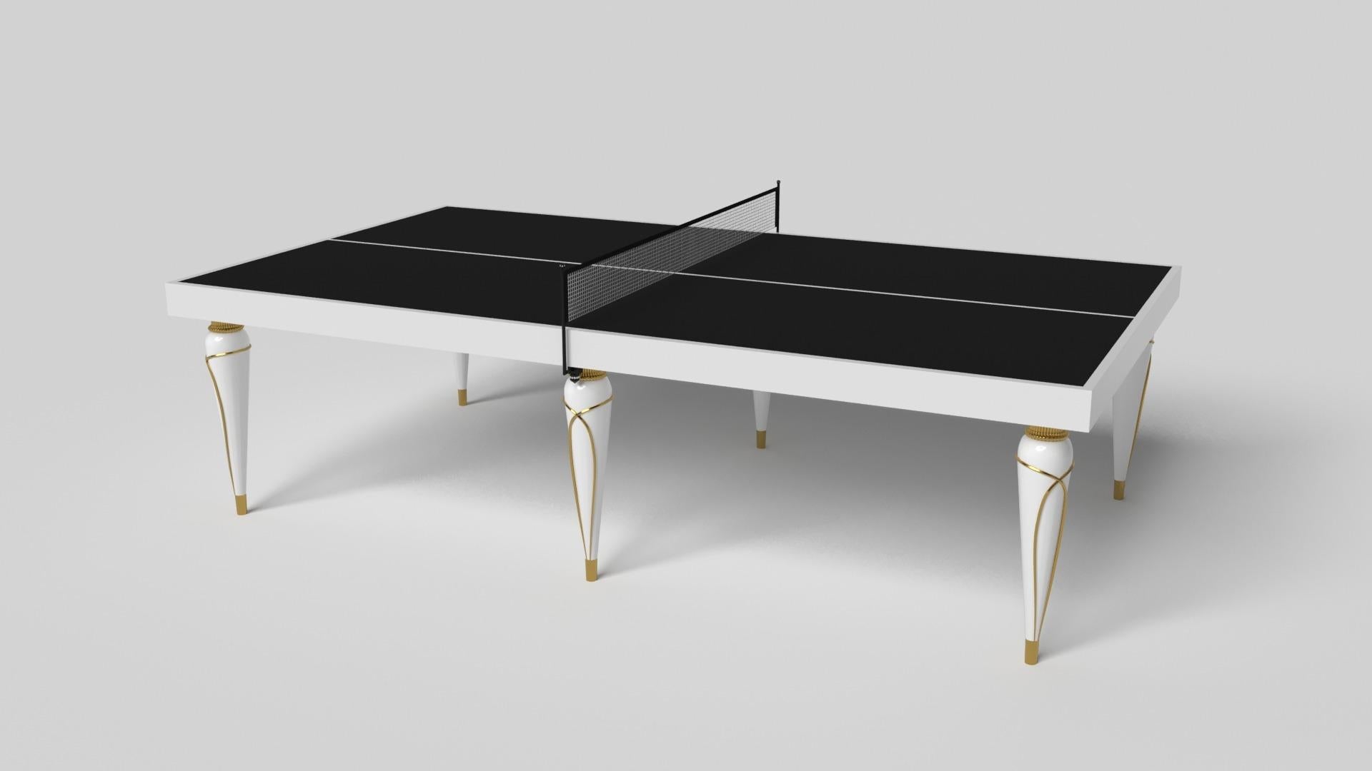 Champagne gold accents add undeniable elegance to this luxury table tennis table. Offering superior playability and uncompromised style, this design features hand carved details, decorative metal elements, and metal sabots at the bottom of each leg.