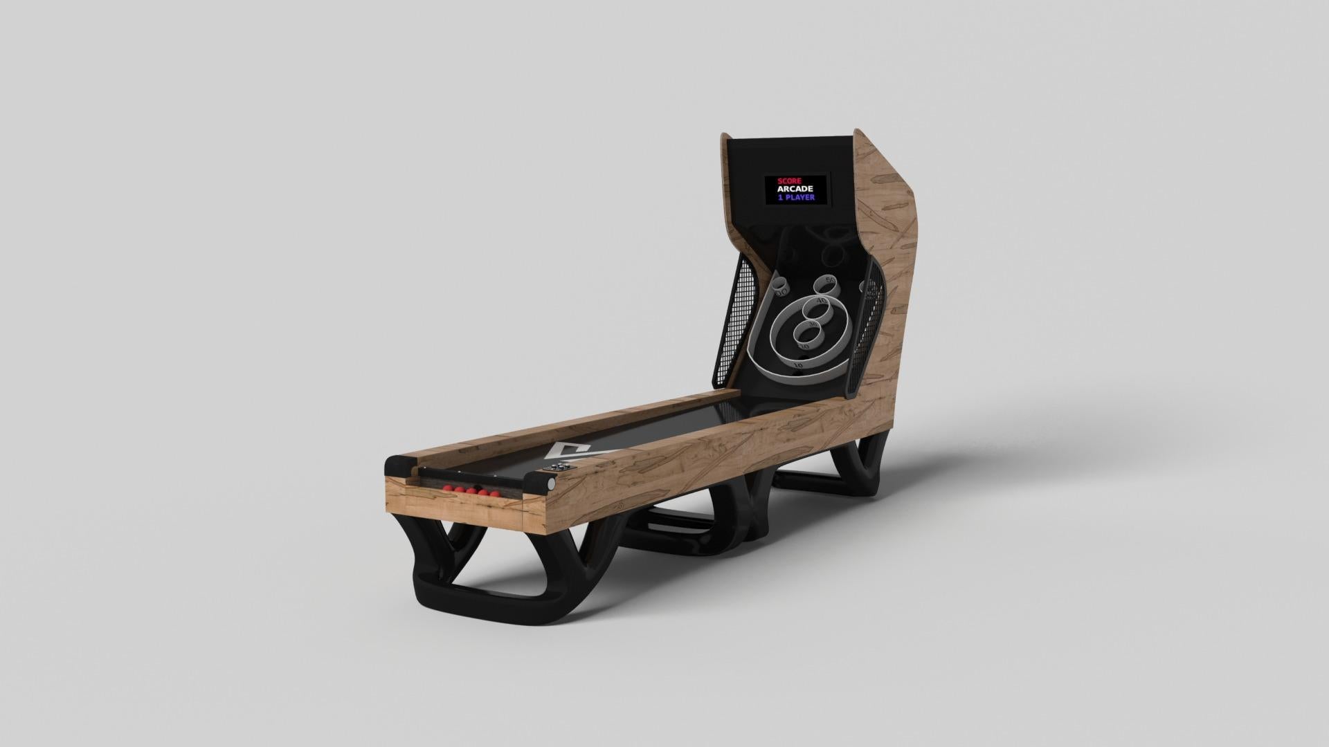 Inspired by the work of Antoni Gaudi and the movement of Catalan Modernism, the Draco skeeball game boasts bold style with smooth, curved legs and built in digital components for energetic game play. Expertly crafted from solid wood, this game
