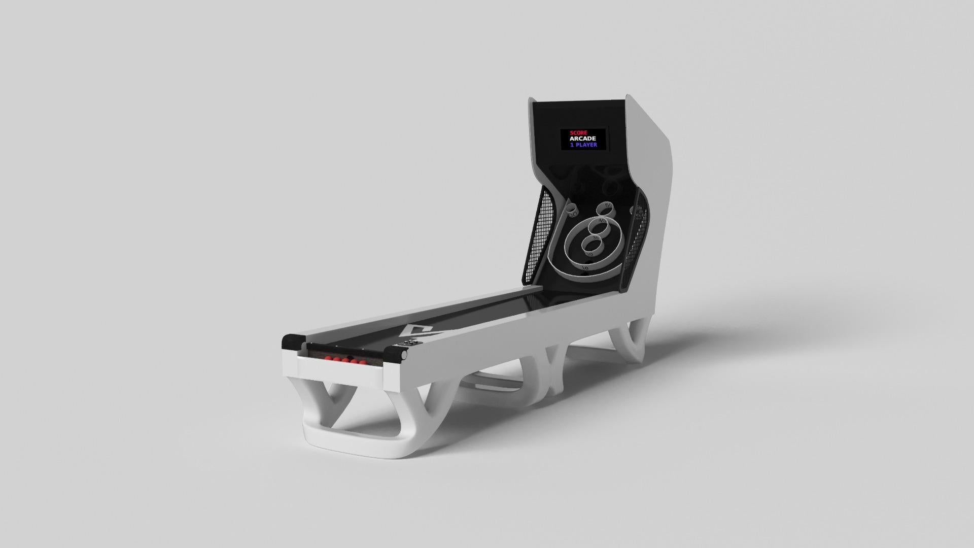Inspiré par l'œuvre d'Antoni Gaudi et le mouvement du modernisme catalan, le jeu de skeeball Draco affiche un style audacieux avec des pieds lisses et incurvés et des composants numériques intégrés pour un jeu énergique. Fabriqué de manière experte