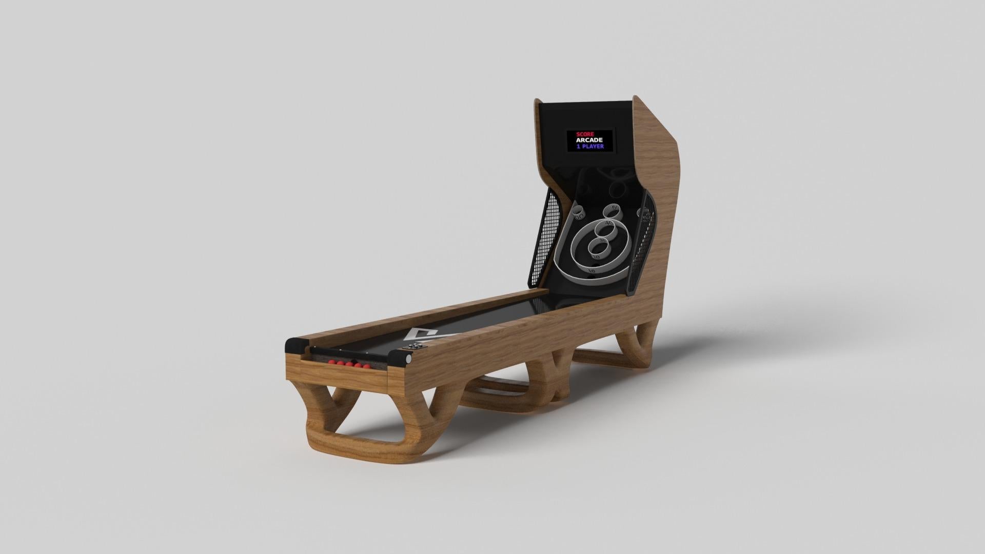 Inspiré par l'œuvre d'Antoni Gaudi et le mouvement du modernisme catalan, le jeu de skeeball Draco affiche un style audacieux avec des pieds lisses et incurvés et des composants numériques intégrés pour un jeu énergique. Fabriqué de manière experte