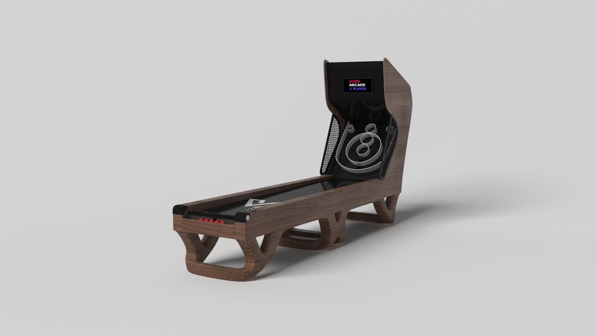 Inspiré par l'œuvre d'Antoni Gaudi et le mouvement du modernisme catalan, le jeu de skeeball Draco affiche un style audacieux avec des pieds lisses et incurvés et des composants numériques intégrés pour un jeu énergique. Fabriqué de manière experte