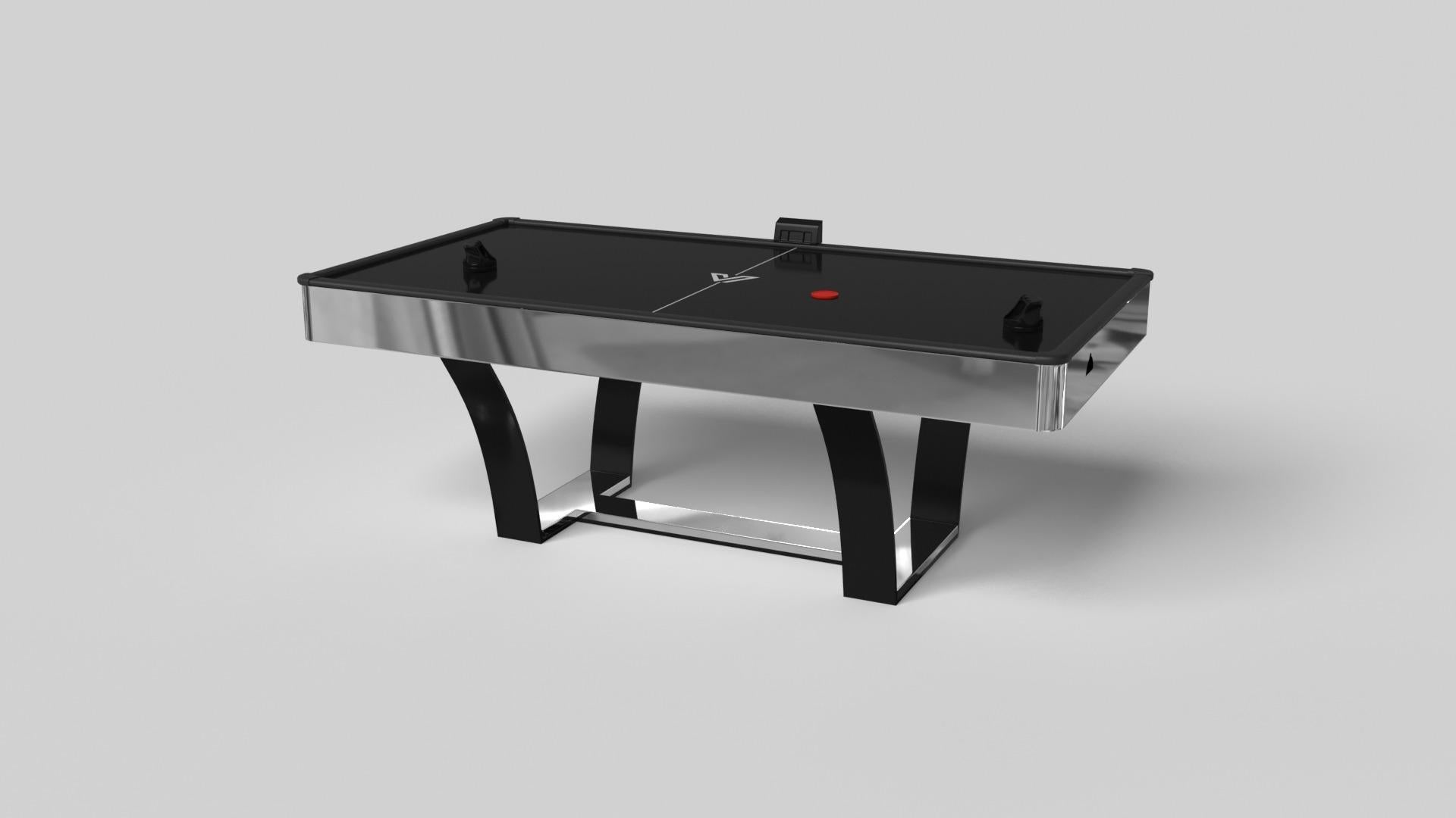 With an I-shaped metal base, slightly sloped metal legs, and a contrasting wood top, the Elite air hockey table exudes modern sophistication while evoking a sense of art deco design. This table is a confluence of style, made to meet today's demands