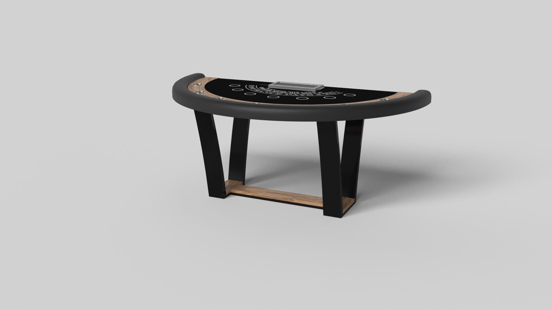 Con una base metálica en forma de I, patas metálicas ligeramente inclinadas y un tablero de madera en contraste, la mesa de blackjack Elite destila sofisticación moderna a la vez que evoca un sentido del diseño art déco. Esta mesa es una confluencia