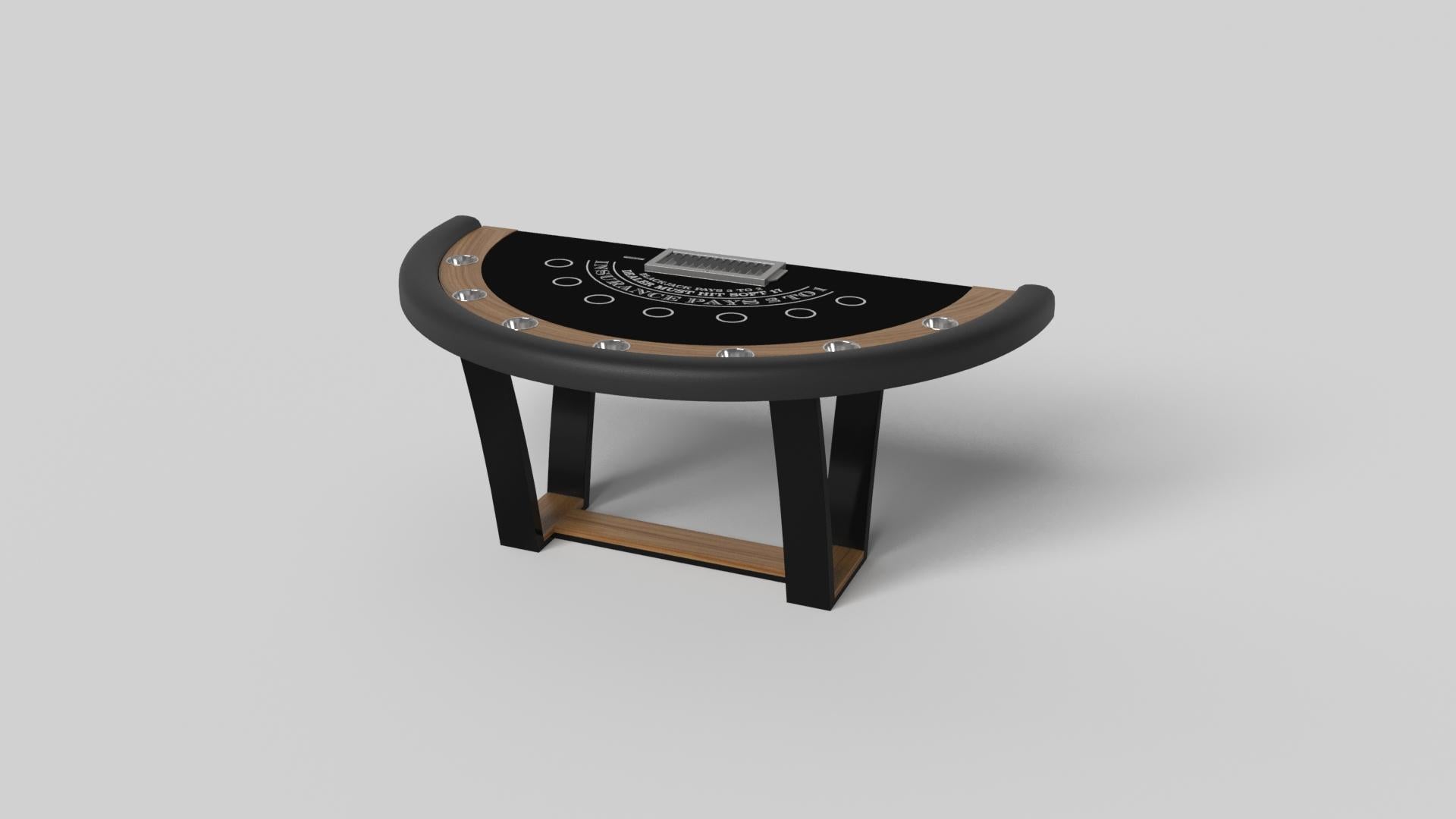 Avec une base en métal en forme de I, des pieds en métal légèrement inclinés et un plateau en bois contrasté, la table de blackjack Elite dégage une sophistication moderne tout en évoquant un sens du design art déco. Cette table est une confluence