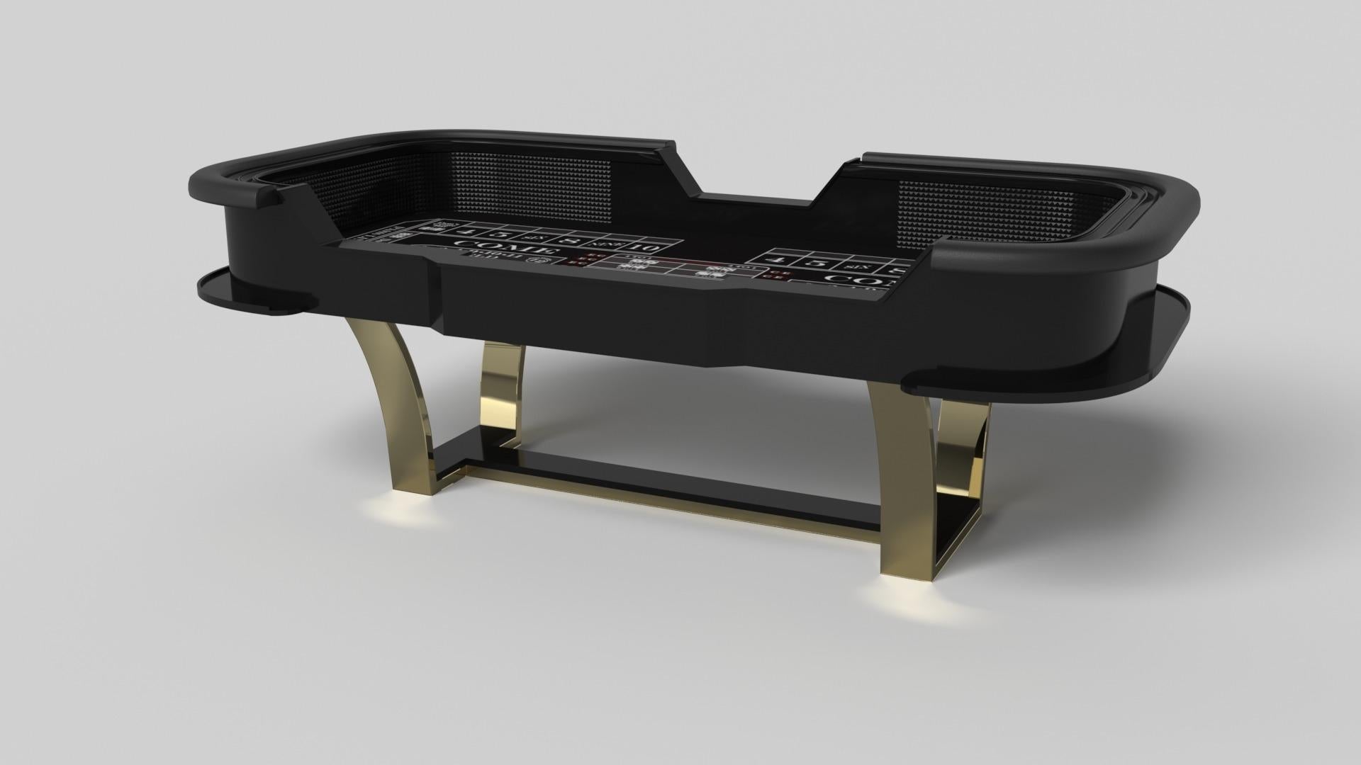 With an I-shaped metal base, slightly sloped metal legs, and a contrasting wood top, the Elite craps table exudes modern sophistication while evoking a sense of art deco design. This table is a confluence of style, made to meet today's demands and