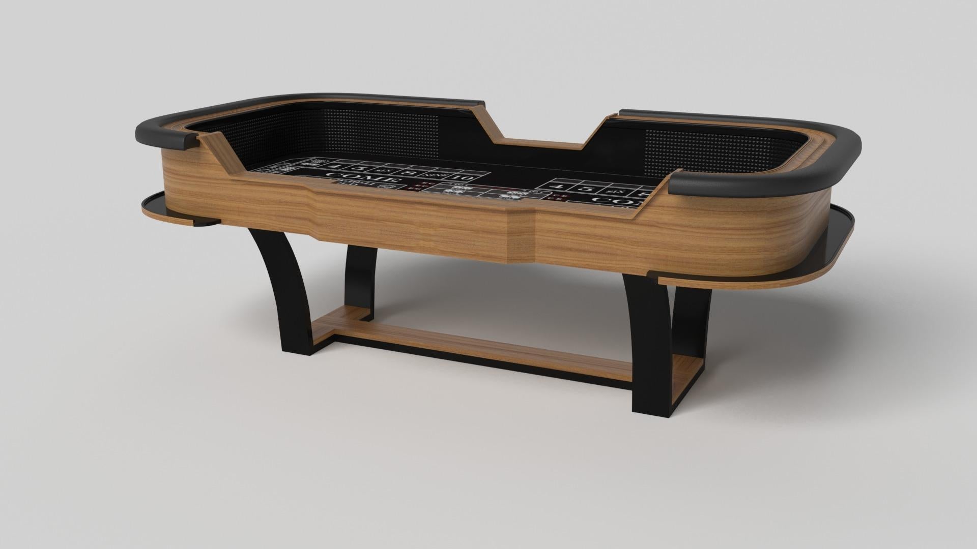 With an I-shaped metal base, slightly sloped metal legs, and a contrasting wood top, the Elite craps table exudes modern sophistication while evoking a sense of art deco design. This table is a confluence of style, made to meet today's demands and