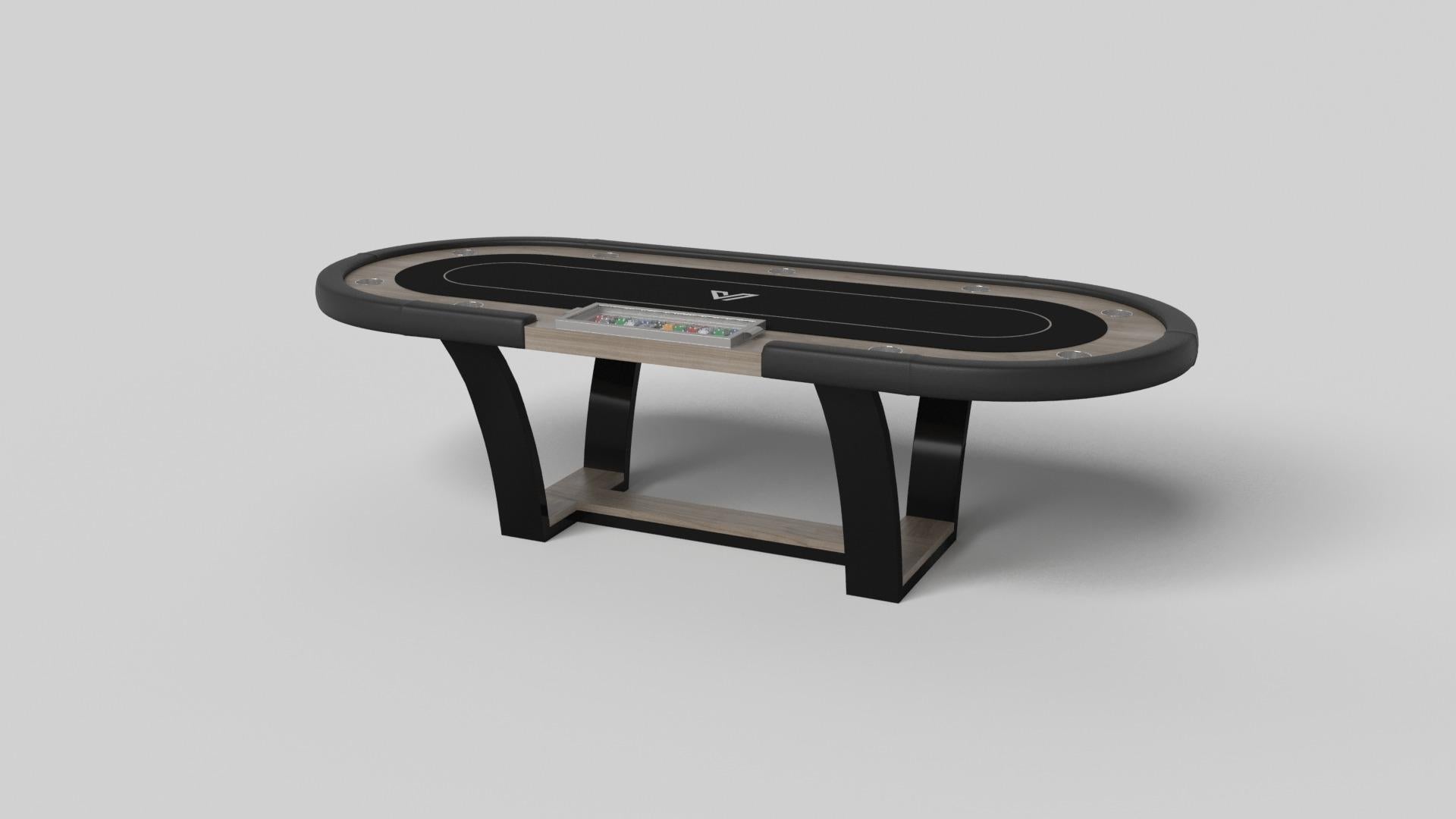 With an I-shaped metal base, slightly sloped metal legs, and a contrasting wood top, the Elite poker table exudes modern sophistication while evoking a sense of art deco design. This table is a confluence of style, made to meet today's demands and
