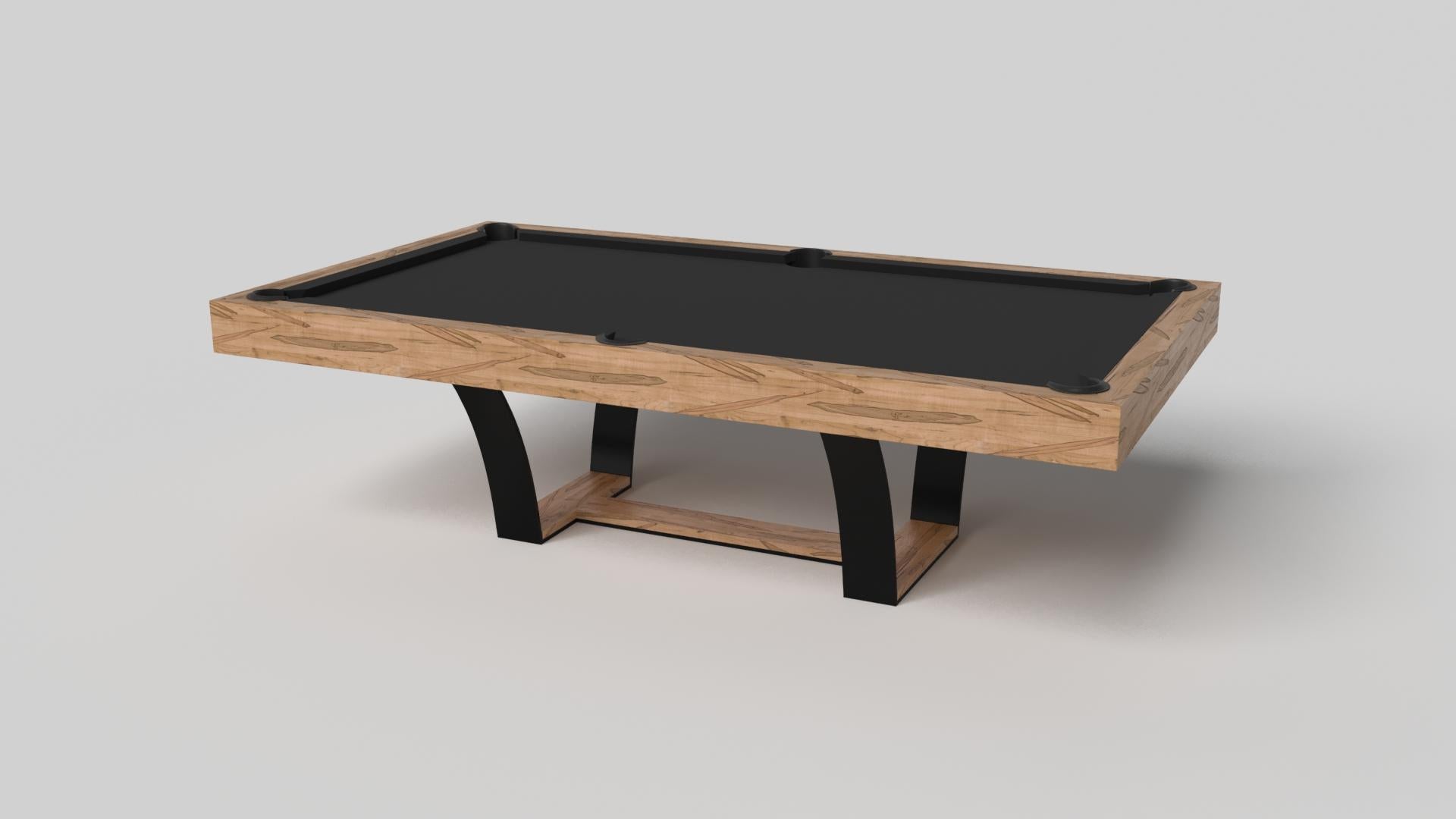 With an I-shaped metal base, slightly sloped metal legs, and a contrasting wood top, the Elite pool table exudes modern sophistication while evoking a sense of art deco design. This table is a confluence of style, made to meet today's demands and
