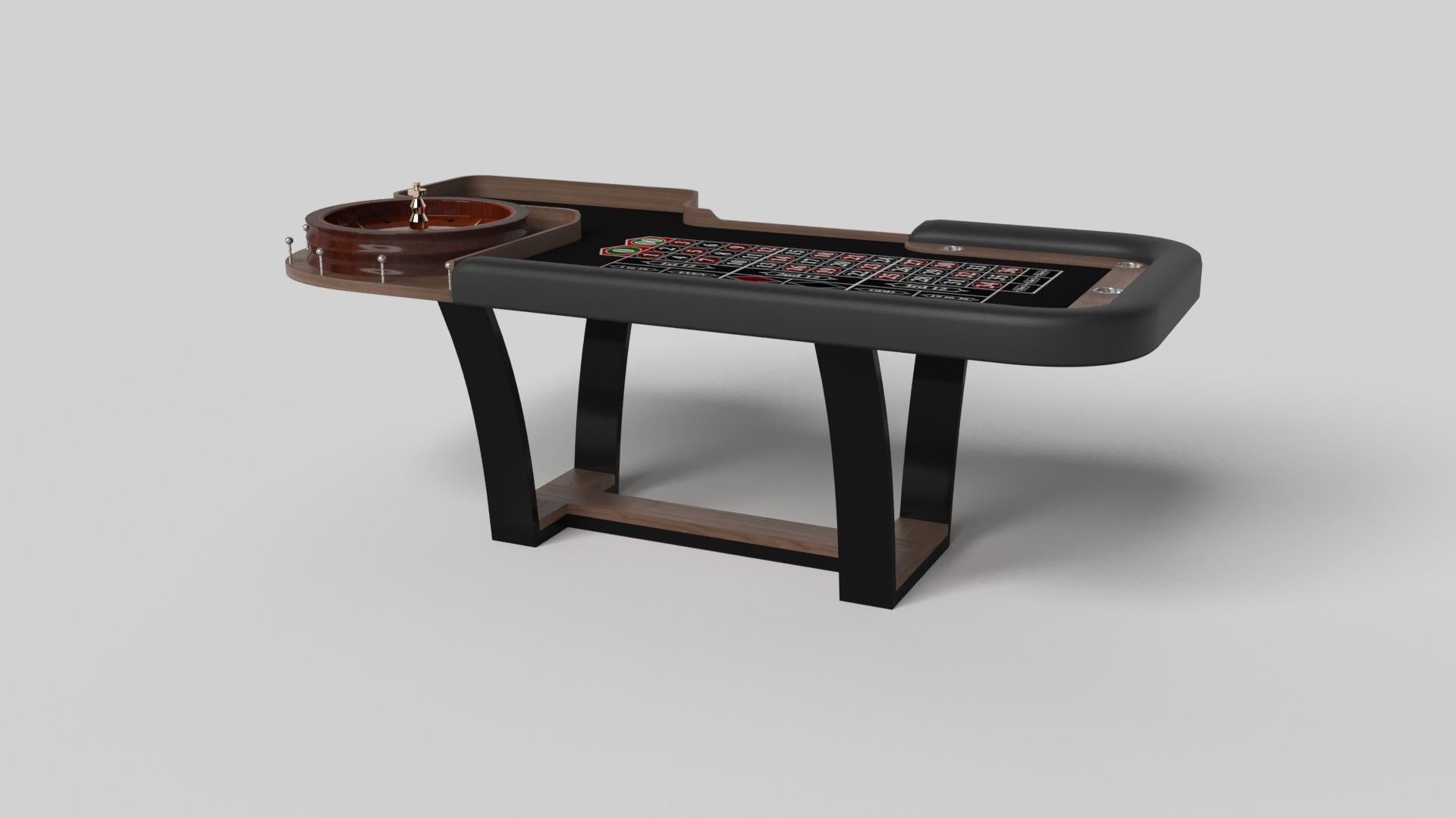 With an I-shaped metal base, slightly sloped metal legs, and a contrasting wood top, the Elite roulette table exudes modern sophistication while evoking a sense of art deco design. This table is a confluence of style, made to meet today's demands