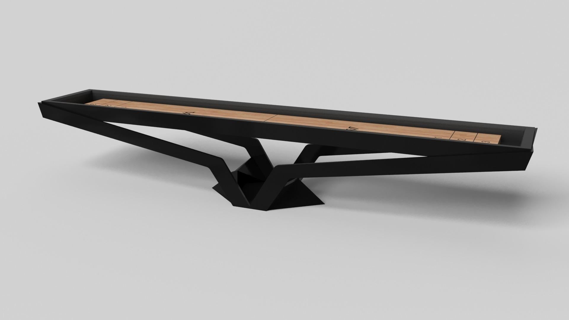 The Enzo shuffleboard table is Inspired by the aerodynamic angles of top-of-the-line European vehicles. Designed with sleek, V-shaped lines and a thoughtful use of negative space, this table boasts an energetic sense of spirit while epitomizing the