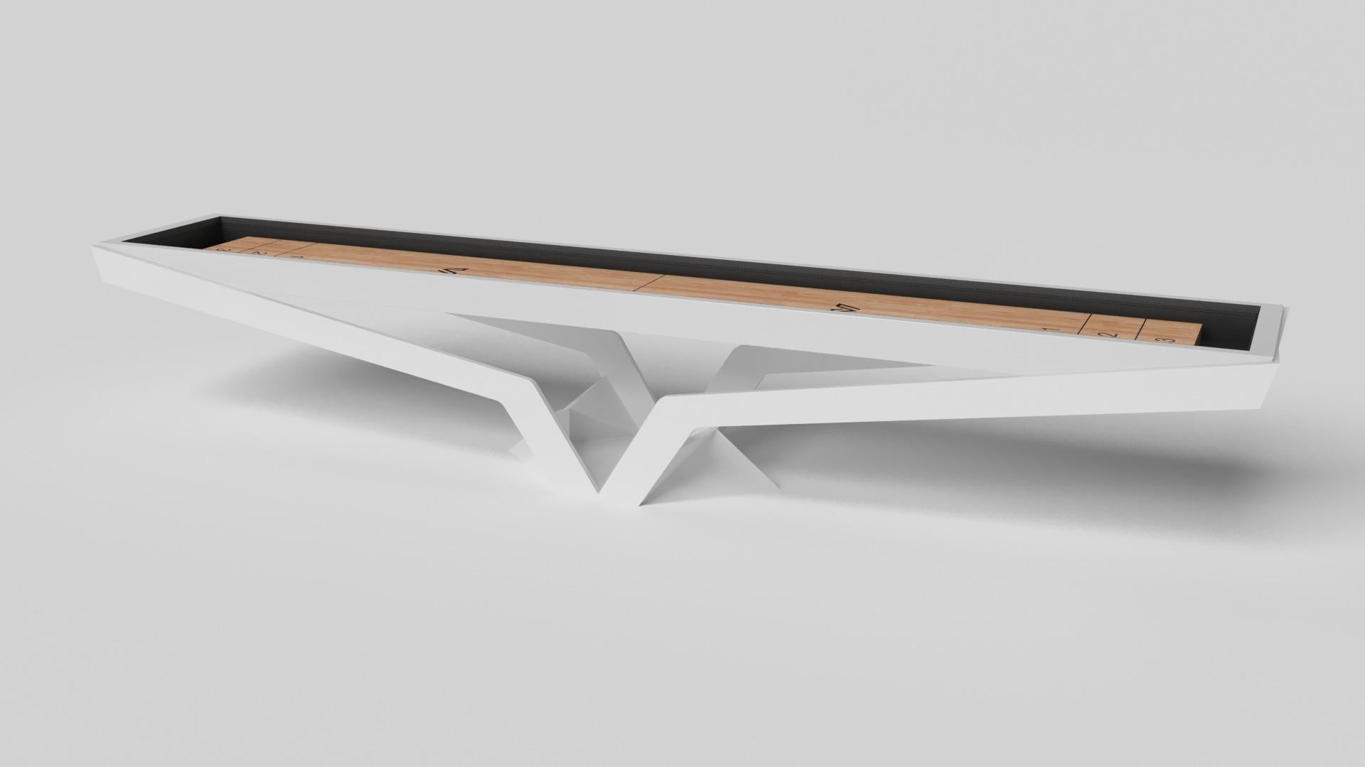 The Enzo shuffleboard table is Inspired by the aerodynamic angles of top-of-the-line European vehicles. Designed with sleek, V-shaped lines and a thoughtful use of negative space, this table boasts an energetic sense of spirit while epitomizing the