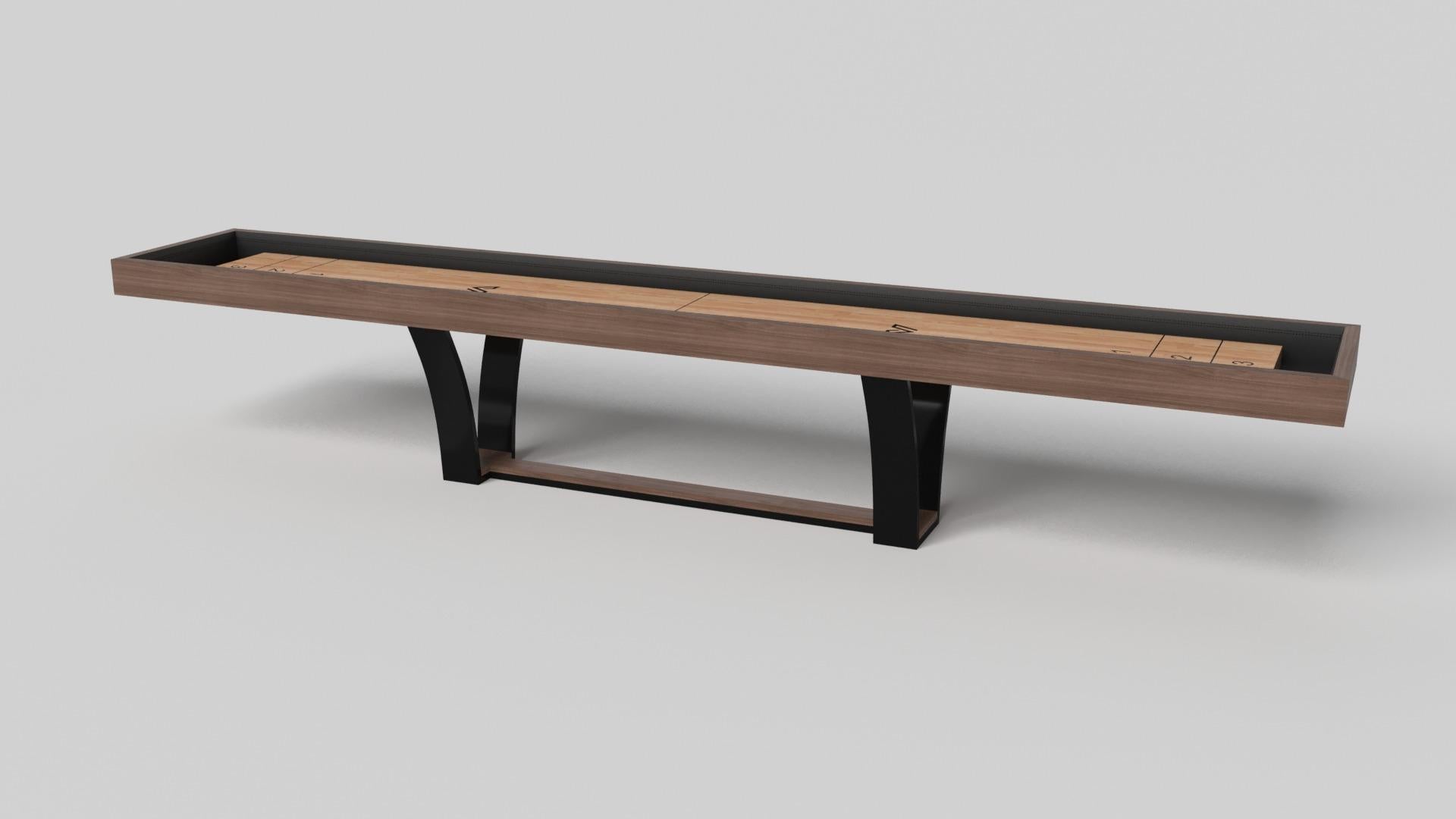 With an I-shaped metal base, slightly sloped metal legs, and a contrasting wood top, the Elite shuffleboard table exudes modern sophistication while evoking a sense of art deco design. This table is a confluence of style, made to meet today's