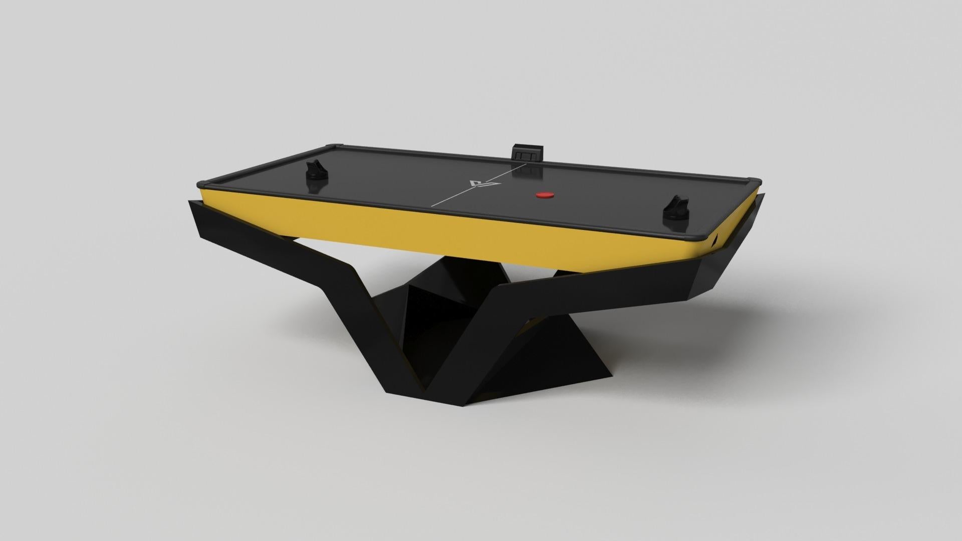 The Enzo air hockey table is Inspired by the aerodynamic angles of top-of-the-line European vehicles. Designed with sleek, V-shaped lines and a thoughtful use of negative space, this table boasts an energetic sense of spirit while epitomizing the