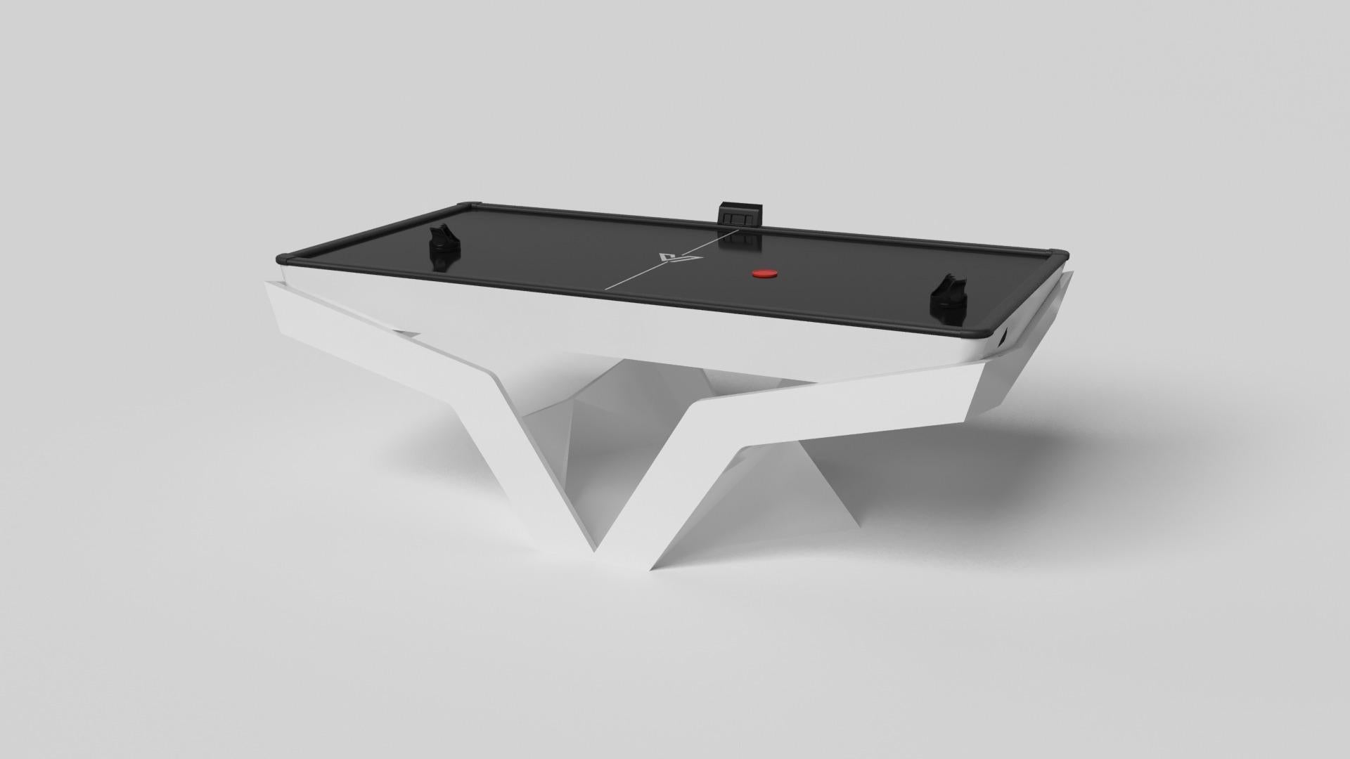 The Enzo air hockey table is Inspired by the aerodynamic angles of top-of-the-line European vehicles. Designed with sleek, V-shaped lines and a thoughtful use of negative space, this table boasts an energetic sense of spirit while epitomizing the