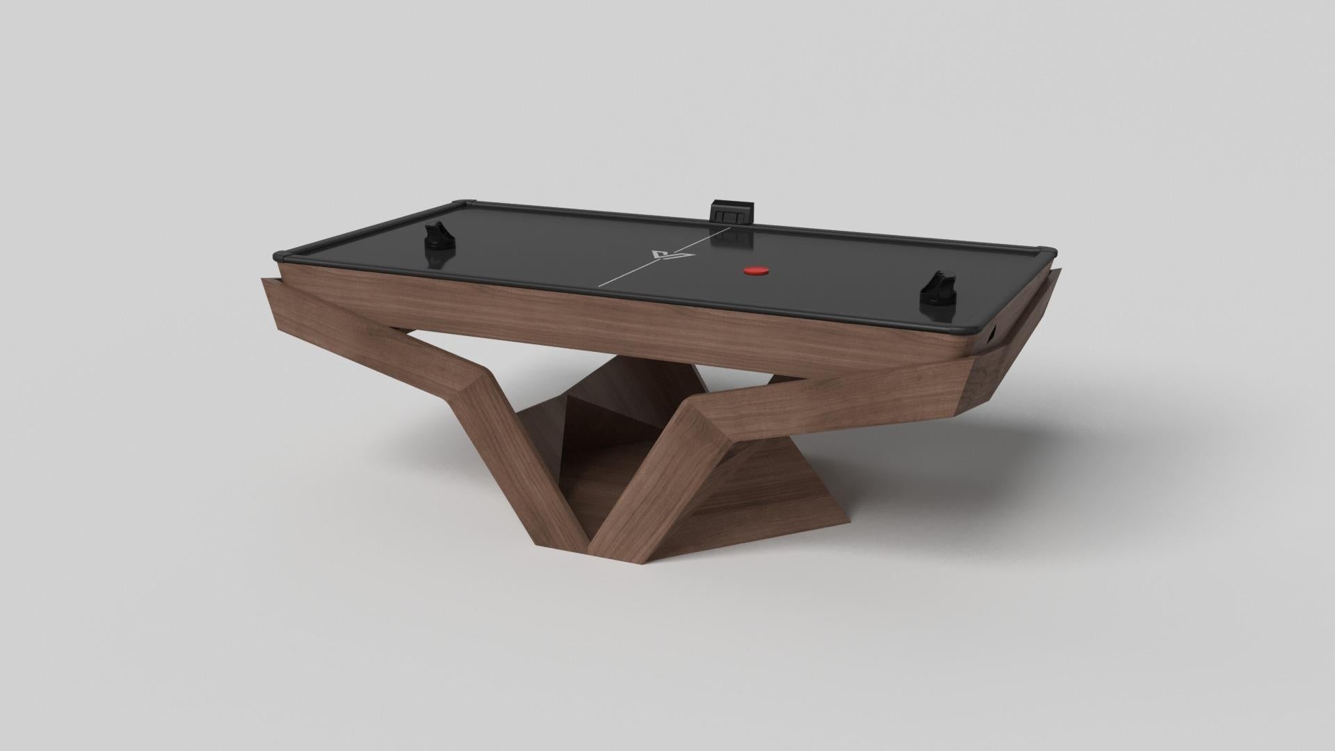 The Enzo air hockey table is Inspired by the aerodynamic angles of top-of-the-line European vehicles. Designed with sleek, V-shaped lines and a thoughtful use of negative space, this table boasts an energetic sense of spirit while epitomizing the