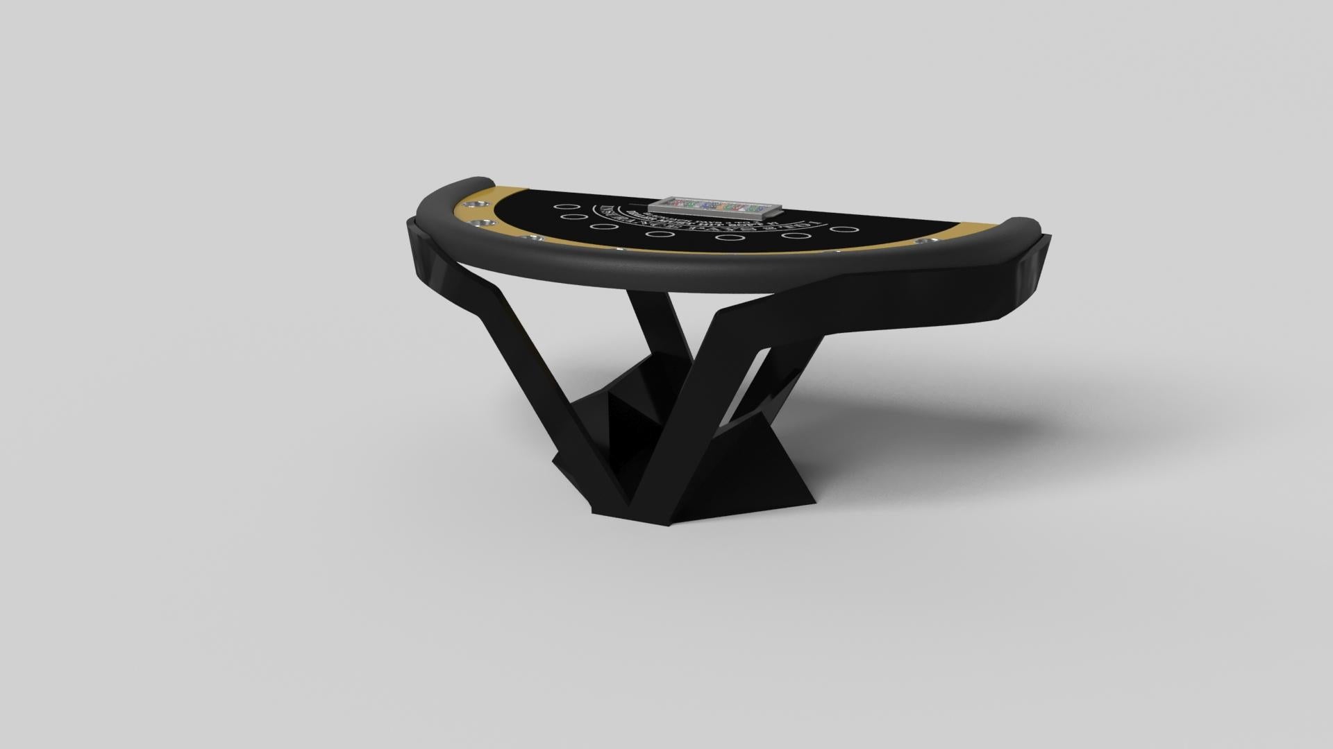 Der Enzo Blackjack-Tisch ist von den aerodynamischen Winkeln europäischer Spitzenfahrzeuge inspiriert. Das Design mit seinen schlanken, V-förmigen Linien und der durchdachten Nutzung des negativen Raums verleiht diesem Tisch einen energiegeladenen