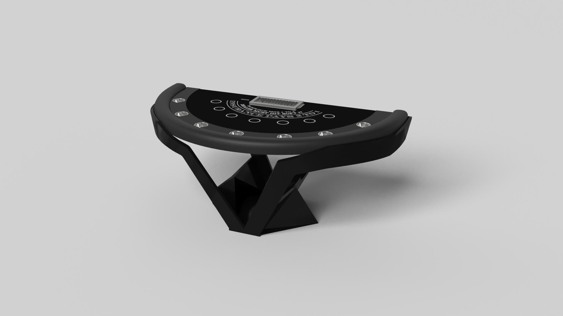 The Enzo blackjack table is Inspired by the aerodynamic angles of top-of-the-line European vehicles. Designed with sleek, V-shaped lines and a thoughtful use of negative space, this table boasts an energetic sense of spirit while epitomizing the