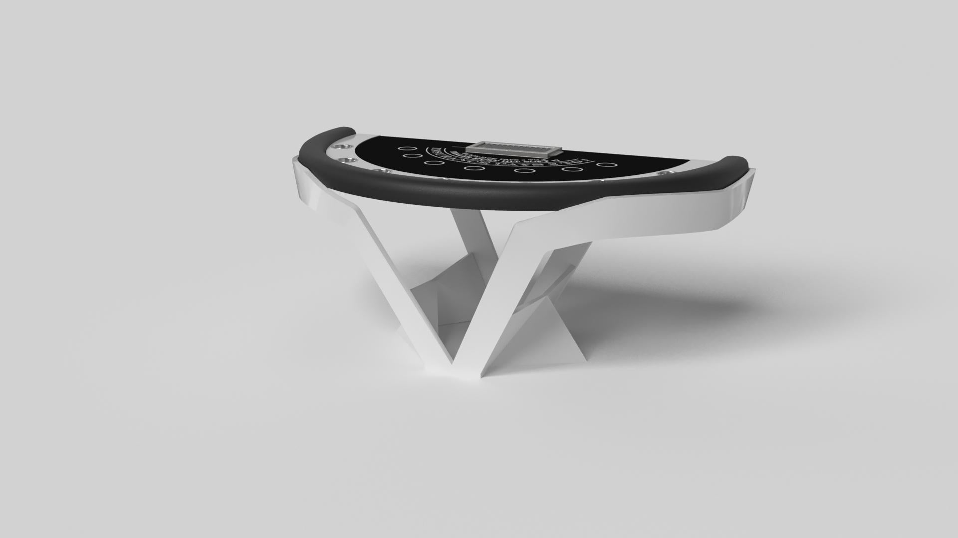 The Enzo blackjack table is Inspired by the aerodynamic angles of top-of-the-line European vehicles. Designed with sleek, V-shaped lines and a thoughtful use of negative space, this table boasts an energetic sense of spirit while epitomizing the