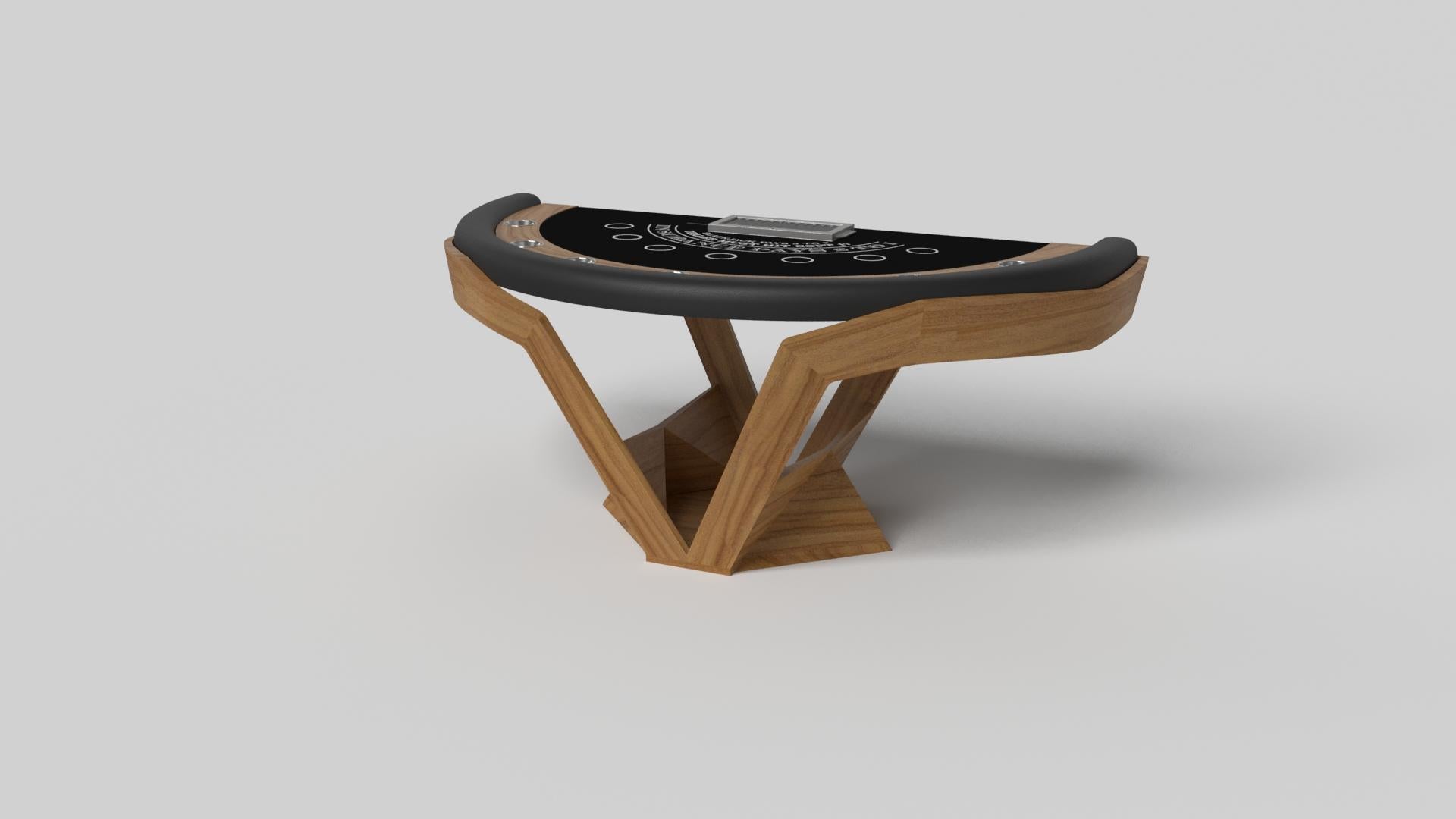 The Enzo blackjack table is Inspired by the aerodynamic angles of top-of-the-line European vehicles. Designed with sleek, V-shaped lines and a thoughtful use of negative space, this table boasts an energetic sense of spirit while epitomizing the