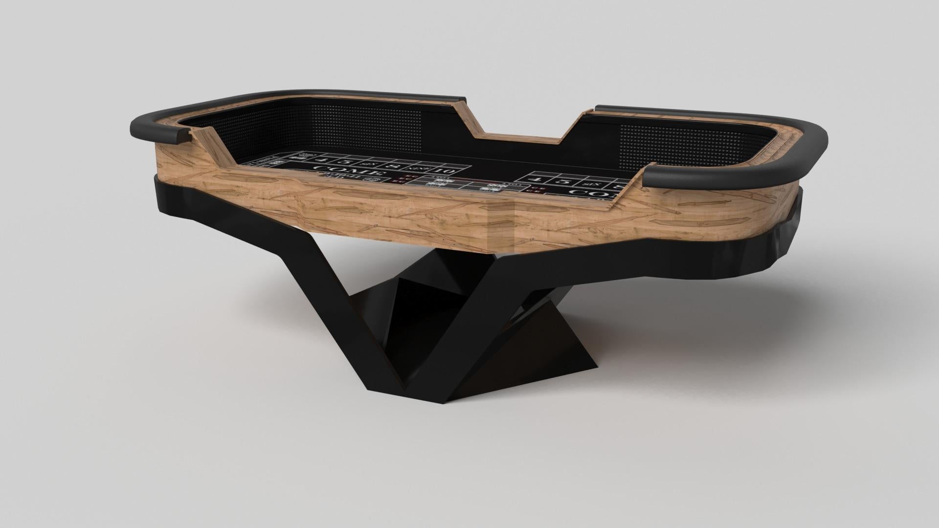 The Enzo craps table is Inspired by the aerodynamic angles of top-of-the-line European vehicles. Designed with sleek, V-shaped lines and a thoughtful use of negative space, this table boasts an energetic sense of spirit while epitomizing the look of