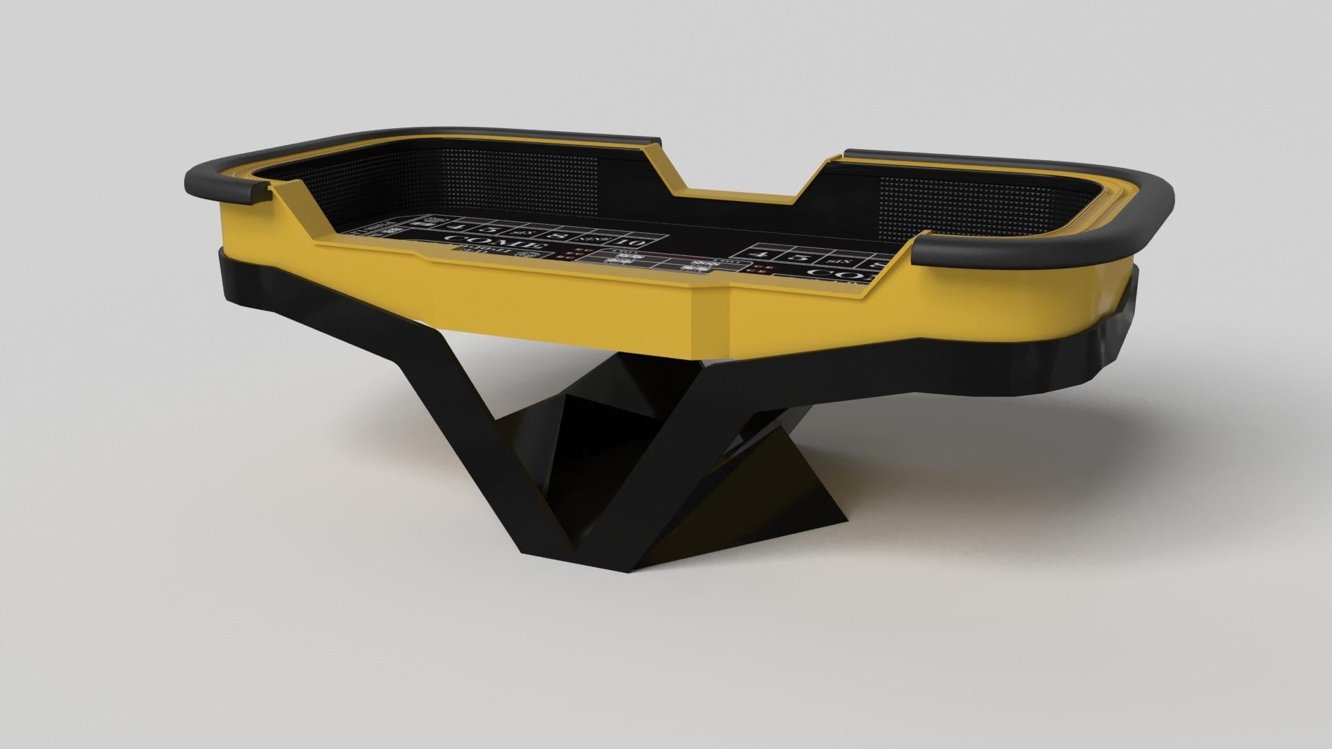 The Enzo craps table is Inspired by the aerodynamic angles of top-of-the-line European vehicles. Designed with sleek, V-shaped lines and a thoughtful use of negative space, this table boasts an energetic sense of spirit while epitomizing the look of